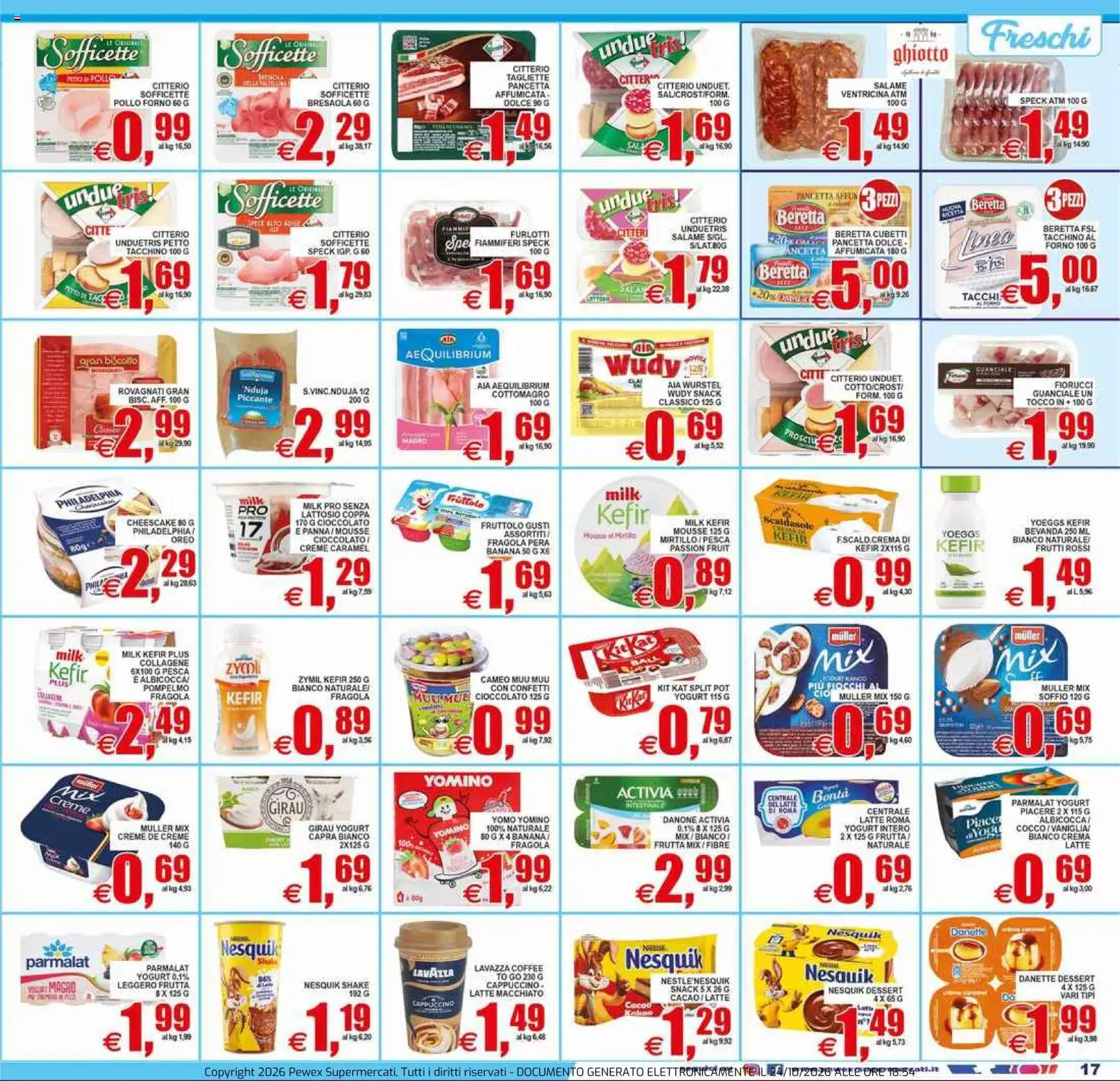 Anteprima dell'opuscolo Pewex volantino Ultramercato Irnerio dal negozio Pewex valido da 23/10/2026 - Wurstel, Pesca, Yogurt, Tacchino, Guanciale, Dessert, Pancetta, Oreo