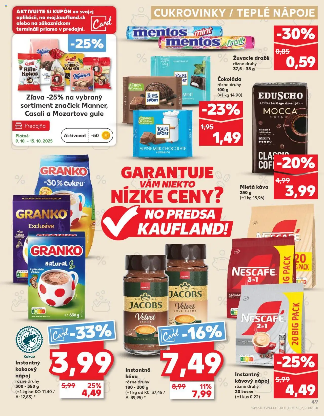 Náhľad Kaufland letáku platného od 09.10.2025 - Káva, Rum, Čokoláda, Kakao, Granko, Jacobs Velvet, Instantná káva, Nápoje