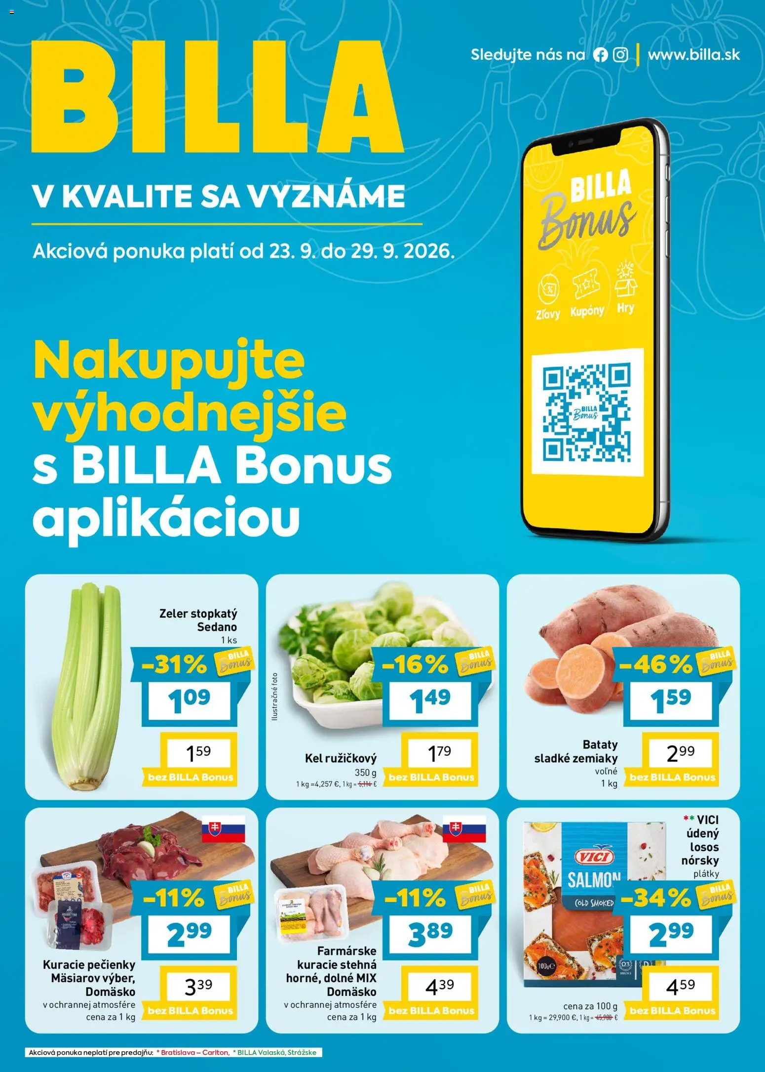 Náhľad Billa letáku platného od 23.09.2026 - Zeler, Kuracie stehná, Losos, Kel, Zemiaky, Batáty, Stehná