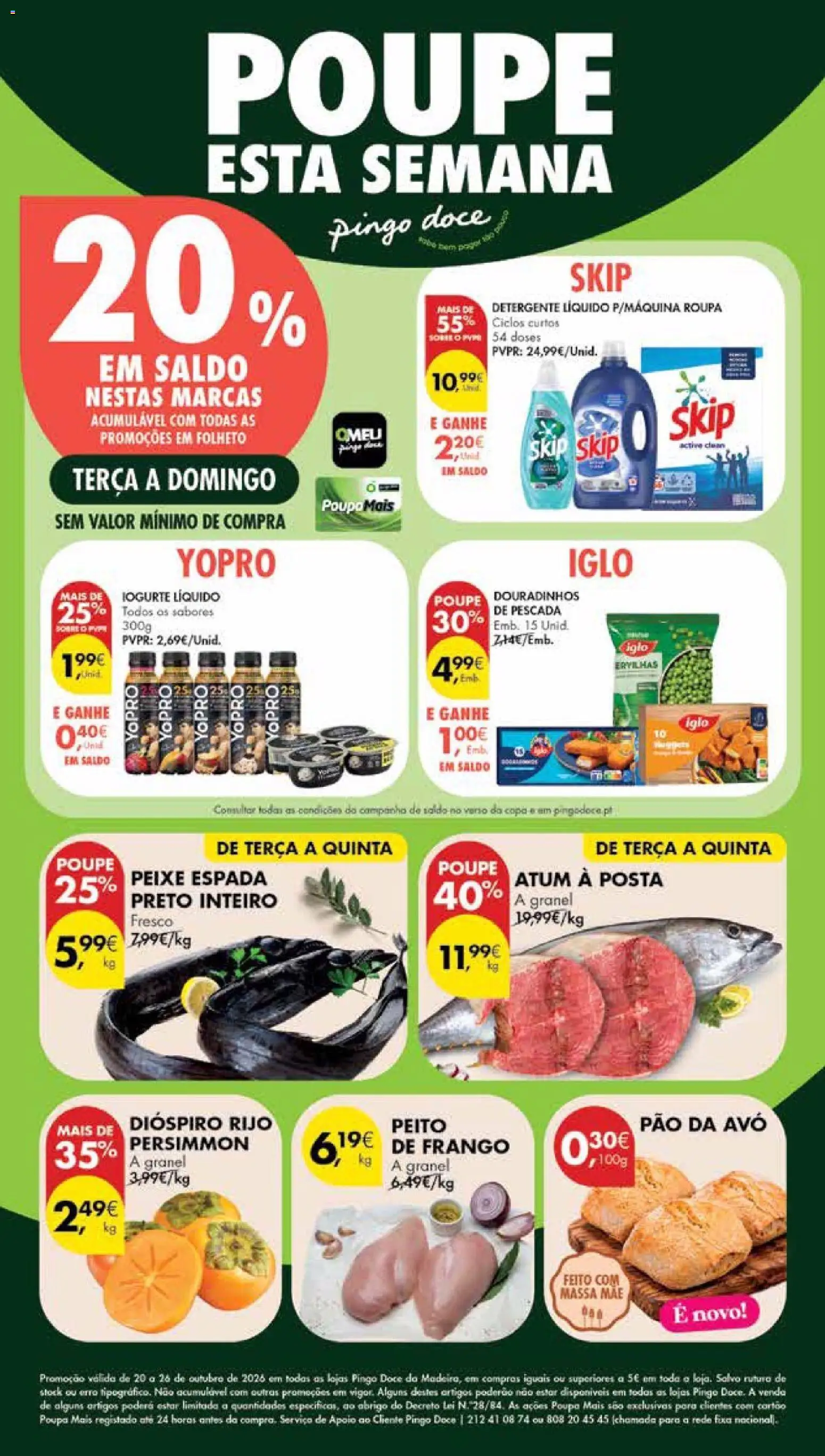 Pré-visualização do folheto da loja Pingo Doce válida a partir de 20/10/2026 - Frango, Peixe, Pão, Iogurte, Pescada, Detergente, Dióspiro, Iogurte liquido