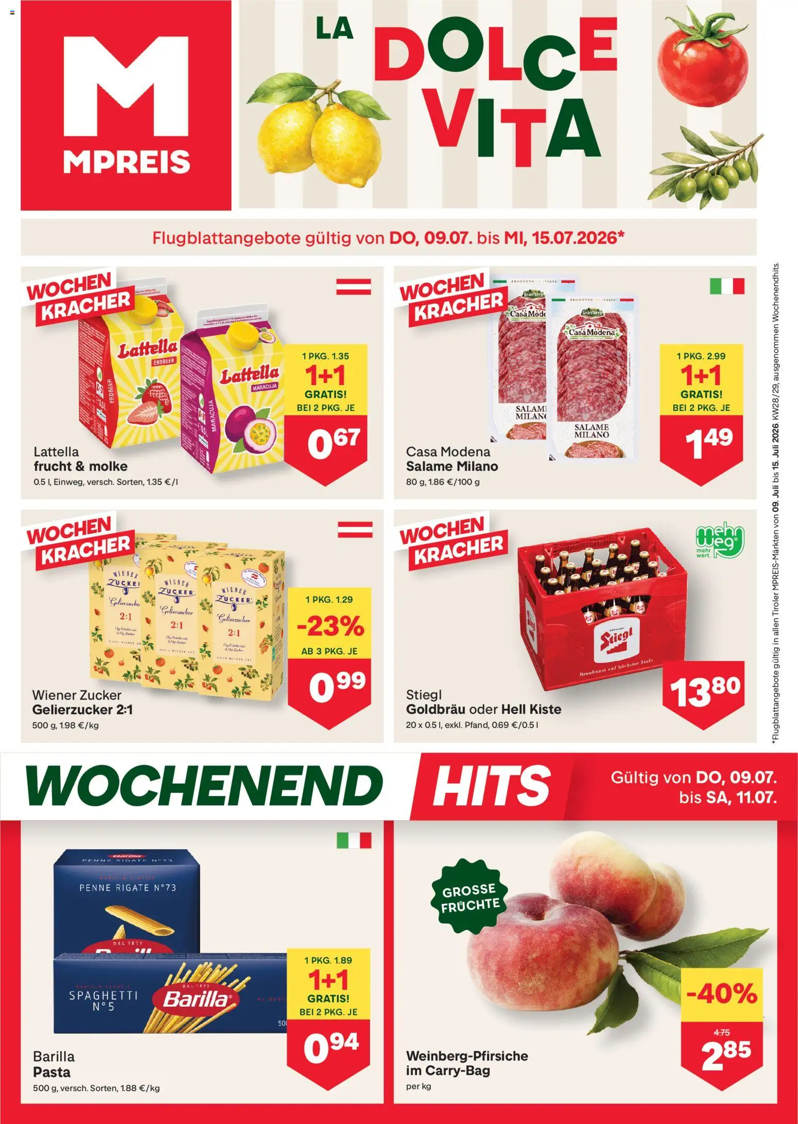 Vorschau der Angebote: MPREIS MPREIS Flugblatt gültig ab 09.07.2026 - Pasta, Spaghetti, Zucker, Barilla, Gelierzucker