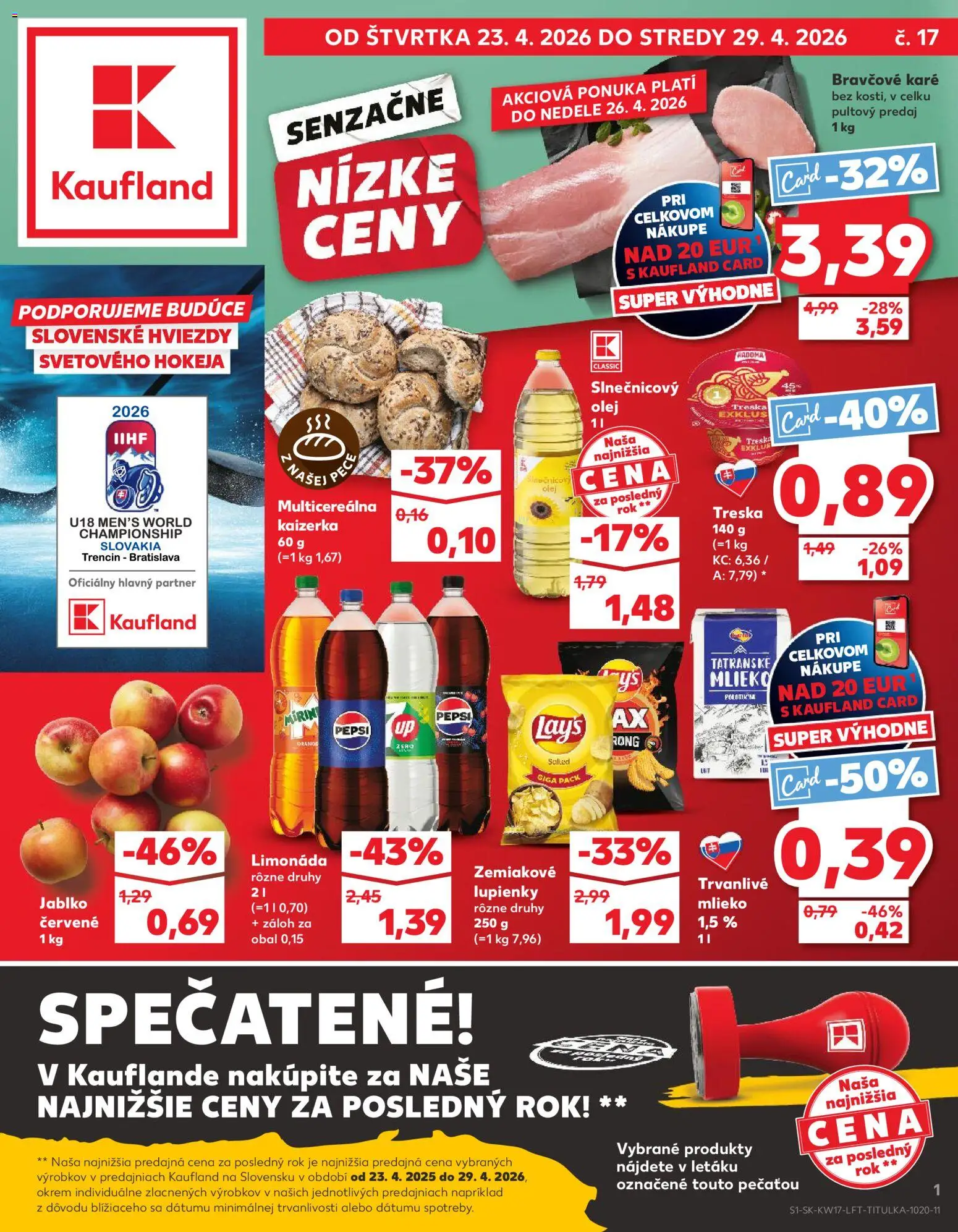 Náhľad Kaufland letáku platného od 23.04.2026 - Bravčové karé, Olej, Mlieko, Pec, Pepsi, Slnečnicový olej, Limonáda, Trvanlivé mlieko