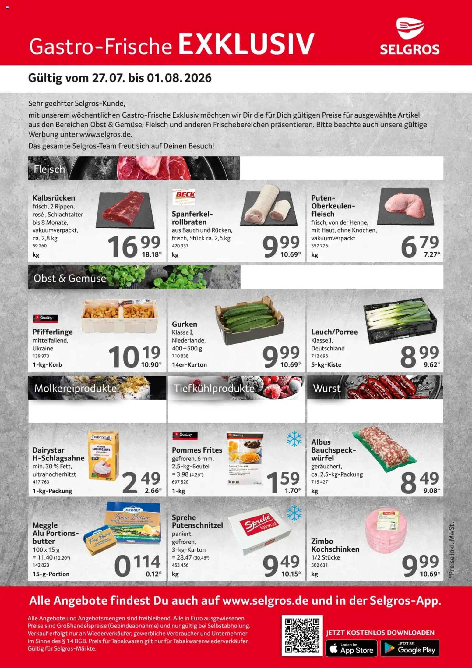 Vorschau von dem Prospekt des Geschäftes Selgros, gültig ab dem 27.07.2026 - Butter, Wurst, Gemüse, Obst, Fleisch, Gurken, Schlagsahne, Pommes frites
