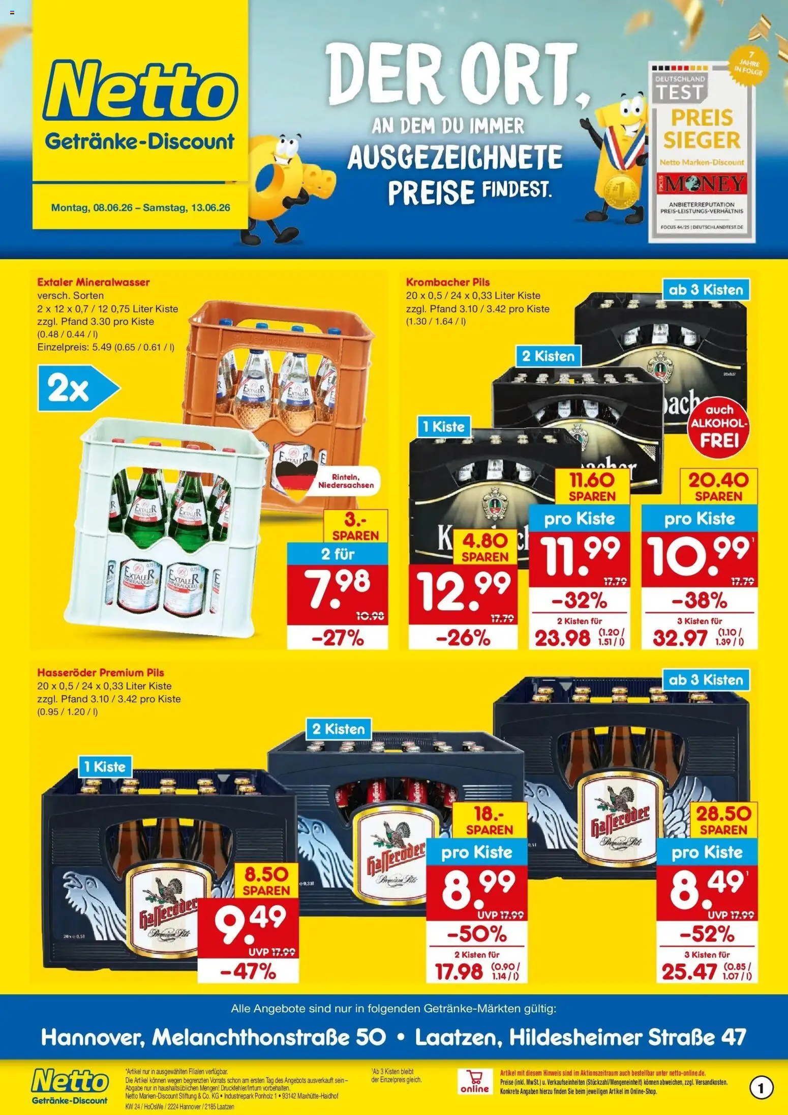 Vorschau von dem Prospekt des Geschäftes Netto Marken-Discount, gültig ab dem 08.06.2026 - Mineralwasser, Alkohol, Krombacher, Hasseröder, Pils
