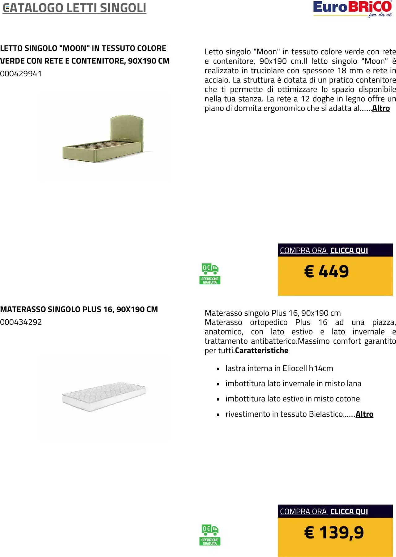 Anteprima dell'opuscolo Volantino Letti Singoli dal negozio Eurobrico valido da 23/07/2025 - Letto, Materasso, Contenitore