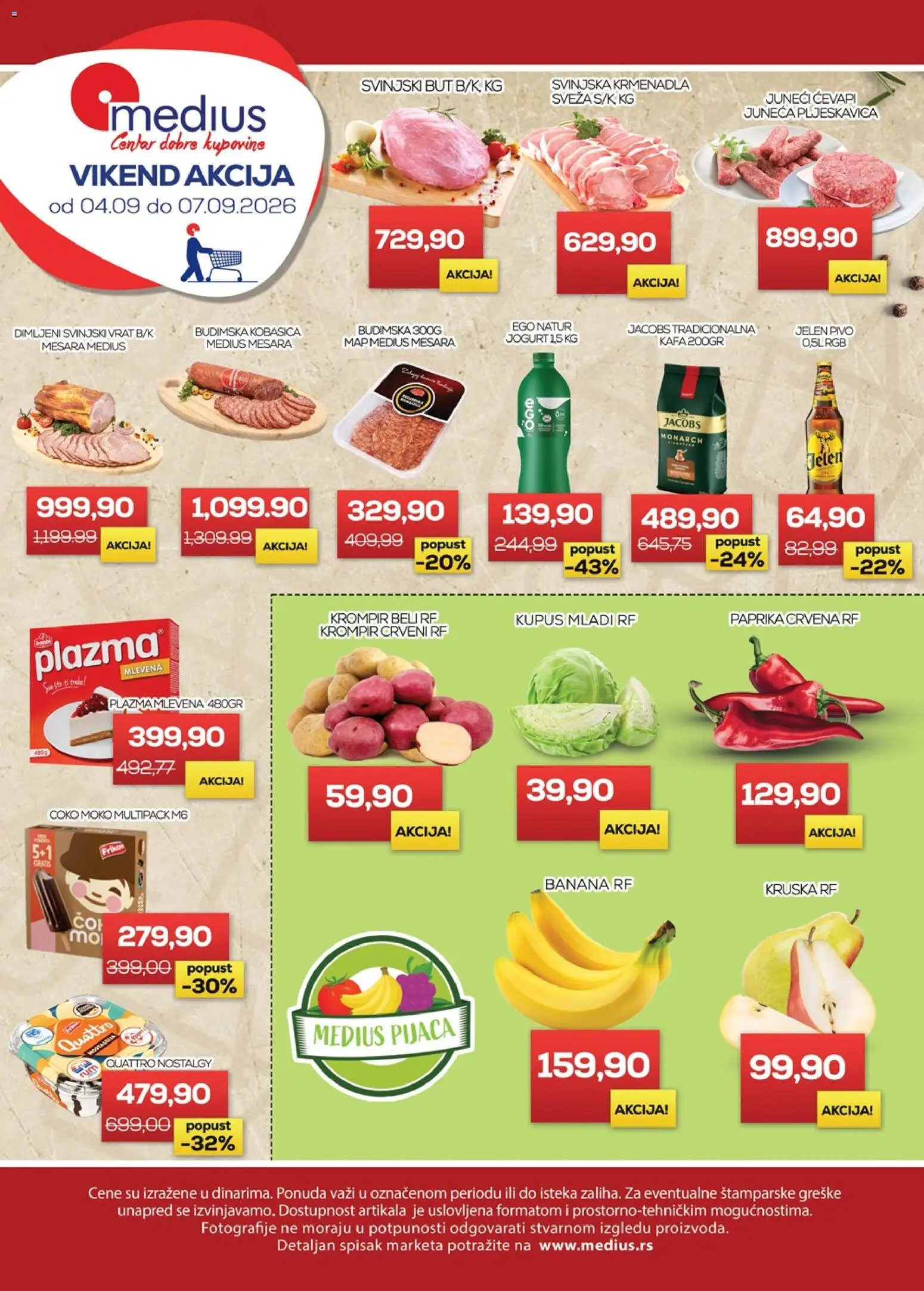 Pregled Medius kataloga - važi od 04.09.2026 - Paprika, Banana, Ćevap, Pivo, Jogurt, Kobasica, Krmenadla, Dimljeni svinjski vrat