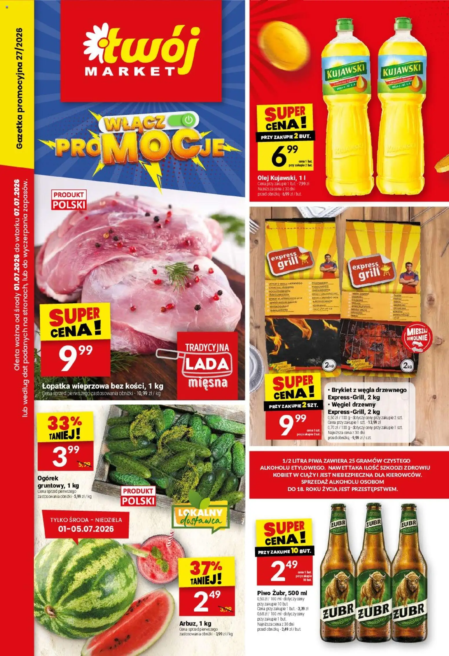 Pogląd gazetki "Twój Market gazetka" ze sklepu Twój Market ważnej od 01.07.2026 - Piwo, Grill, Ogórek, Olej, Łopatka wieprzowa, Węgiel drzewny