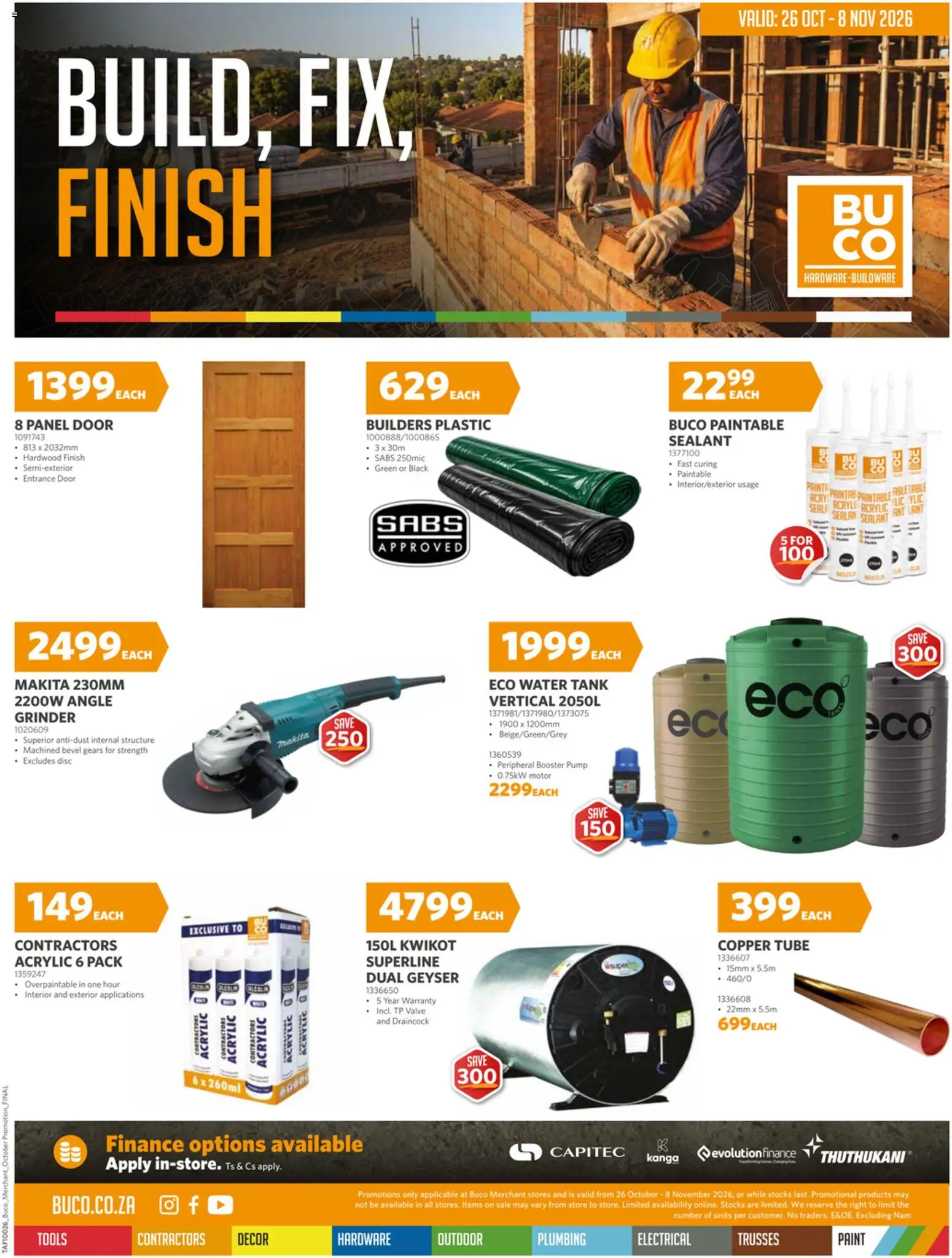 Preview of BUCO flyer valid from 26/10/2026 - Water, Paint, Geyser, Grinder, Tank, Angle grinder, Valve, Copper tube
