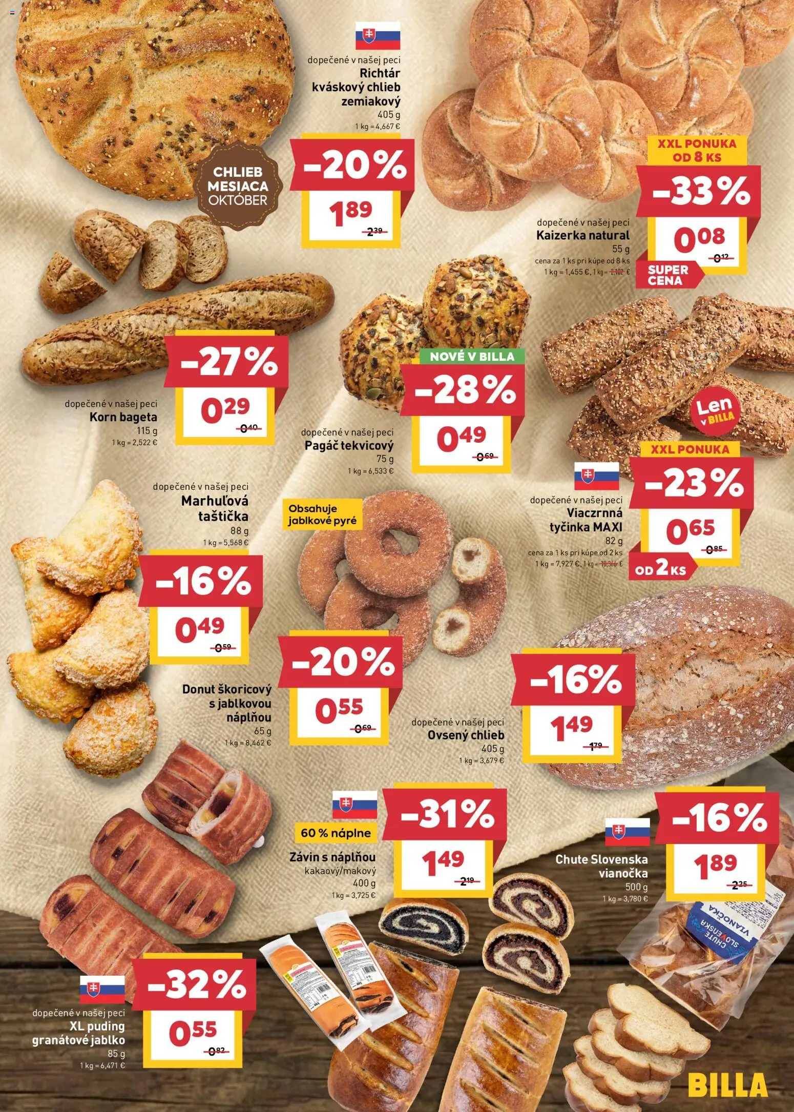 Náhľad Billa letáku platného od 07.10.2026 - Chlieb, Puding, Pec, Donut, Bageta, Vianočka, Závin, Granátové jablko