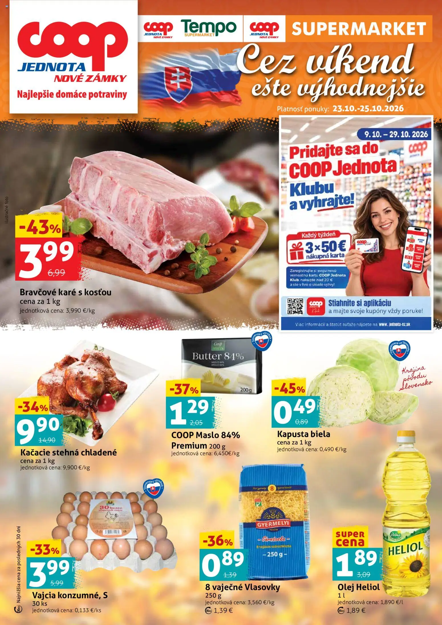 Náhľad COOP Jednota letáku platného od 23.10.2026 - Maslo, Bravčové karé, Kapusta, Vajcia, Kačacie stehná, Kapusta biela, Stehná, Kačacie stehná chladené