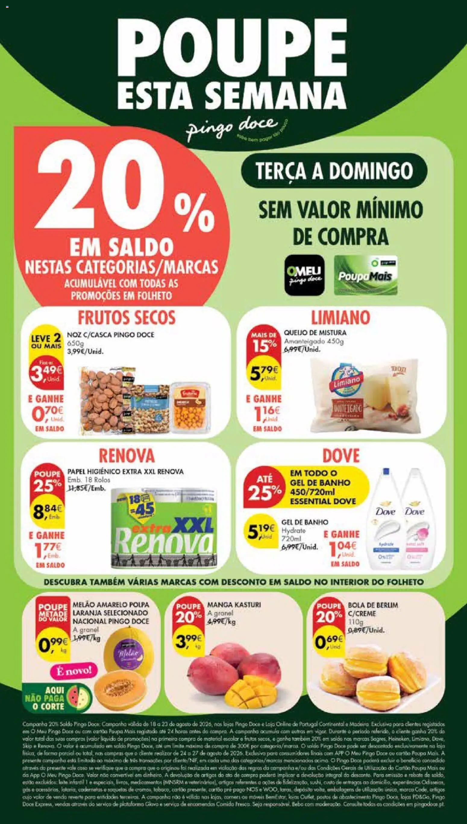 Pré-visualização do folheto da loja Pingo Doce válida a partir de 18/08/2026 - Banho, Manga, Bola de Berlim, Queijo, Frutos secos, Papel higiénico, Gel de banho, Melão amarelo
