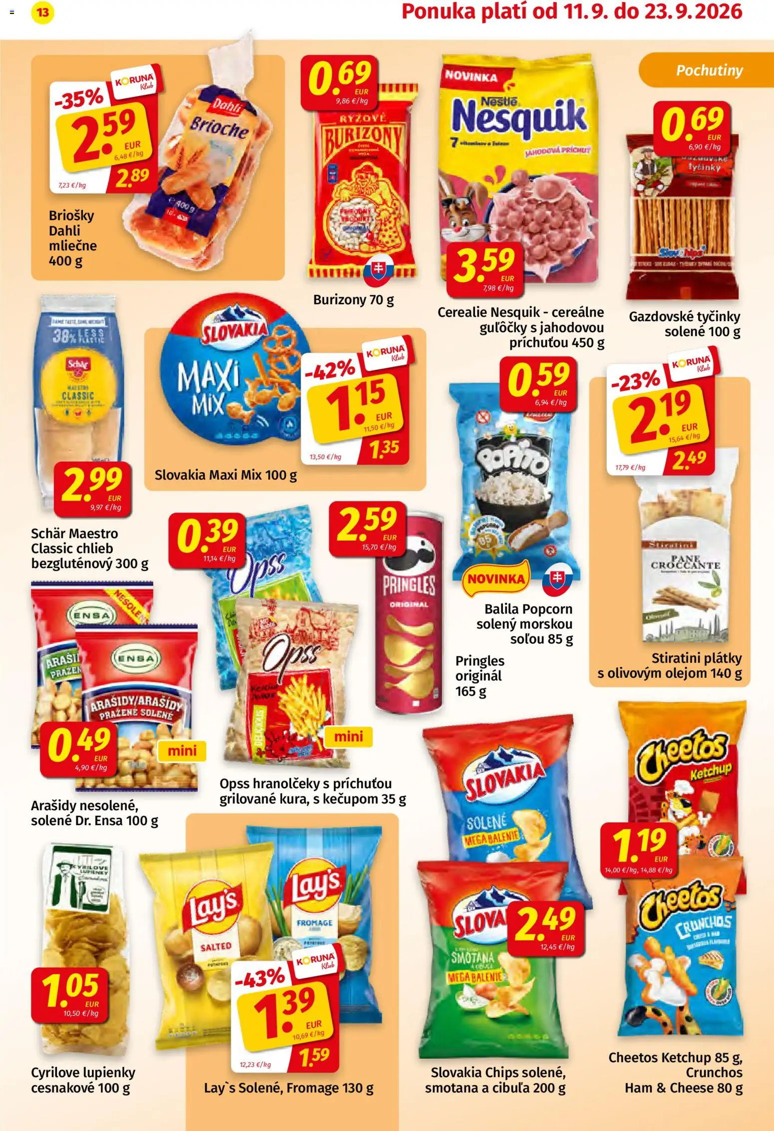 Náhľad Koruna letáku platného od 11.09.2026 - Chlieb, Popcorn, Pringles, Cibuľa, Smotana, Arašidy, Nesquik, Cereálie