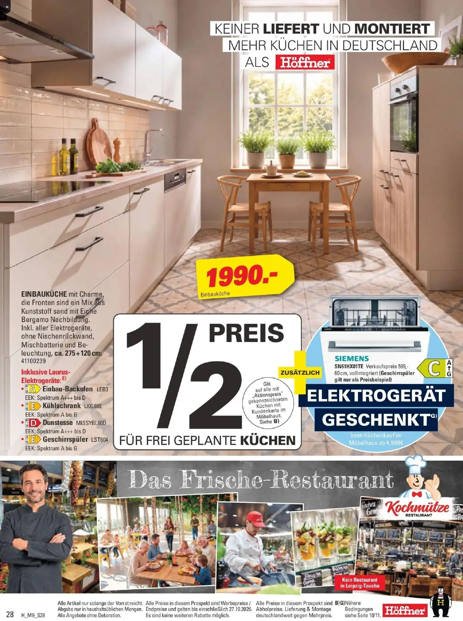 Vorschau von dem Prospekt des Geschäftes Höffner, gültig ab dem 14.10.2026 - Kühlschrank, Kuchen, Siemens, Geschirrspüler, Einbauküche