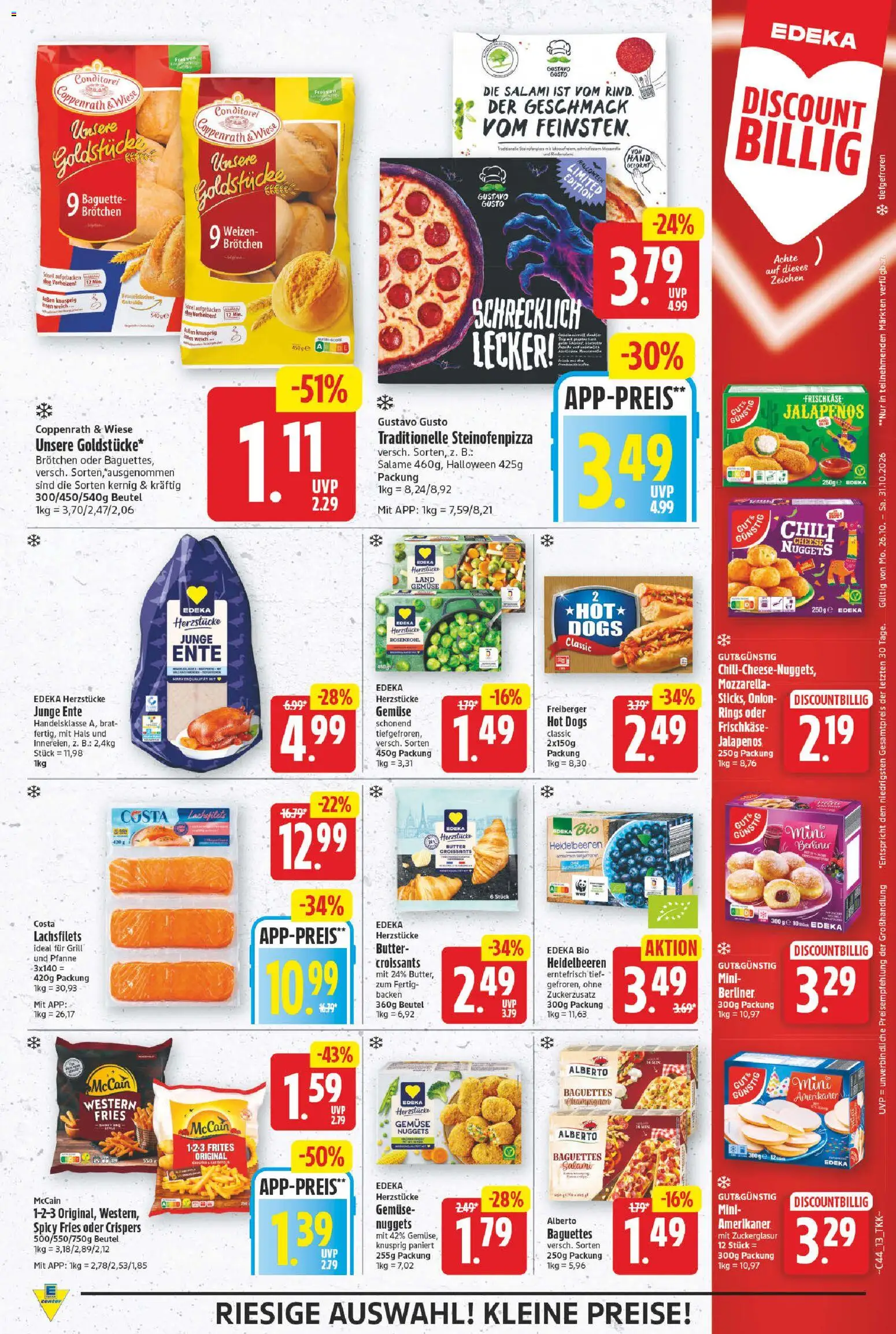 Vorschau von dem Prospekt des Geschäftes E center, gültig ab dem 26.10.2026 - Butter, Gemüse, Baguette, Ente, Salami, Gustavo gusto, McCain, Frischkase