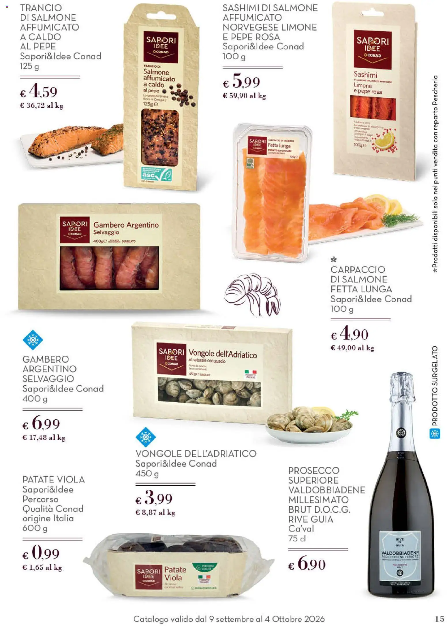 Anteprima dell'opuscolo Conad volantino Gourmet Lazio dal negozio Conad valido da 09/09/2026 - Limone, Prosecco, Pepe, Salmone, Vongole, Carpaccio, Salmone affumicato, Patate