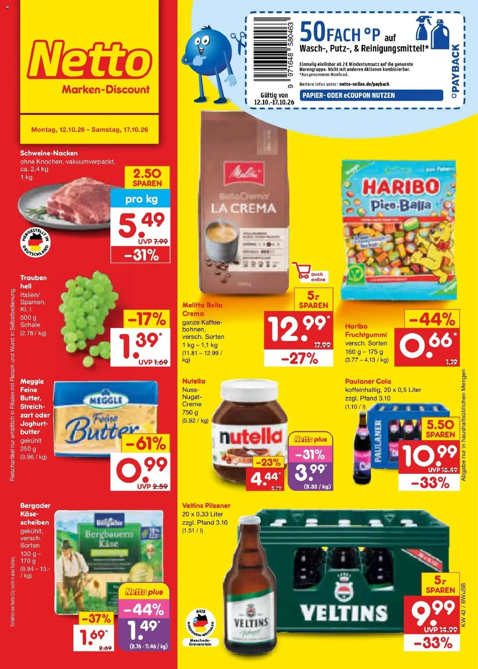Vorschau von dem Prospekt des Geschäftes Netto Marken-Discount, gültig ab dem 12.10.2026 - Kaffee, Käse, Wurst, Cola, Veltins, Trauben, Melitta, Schweinenacken