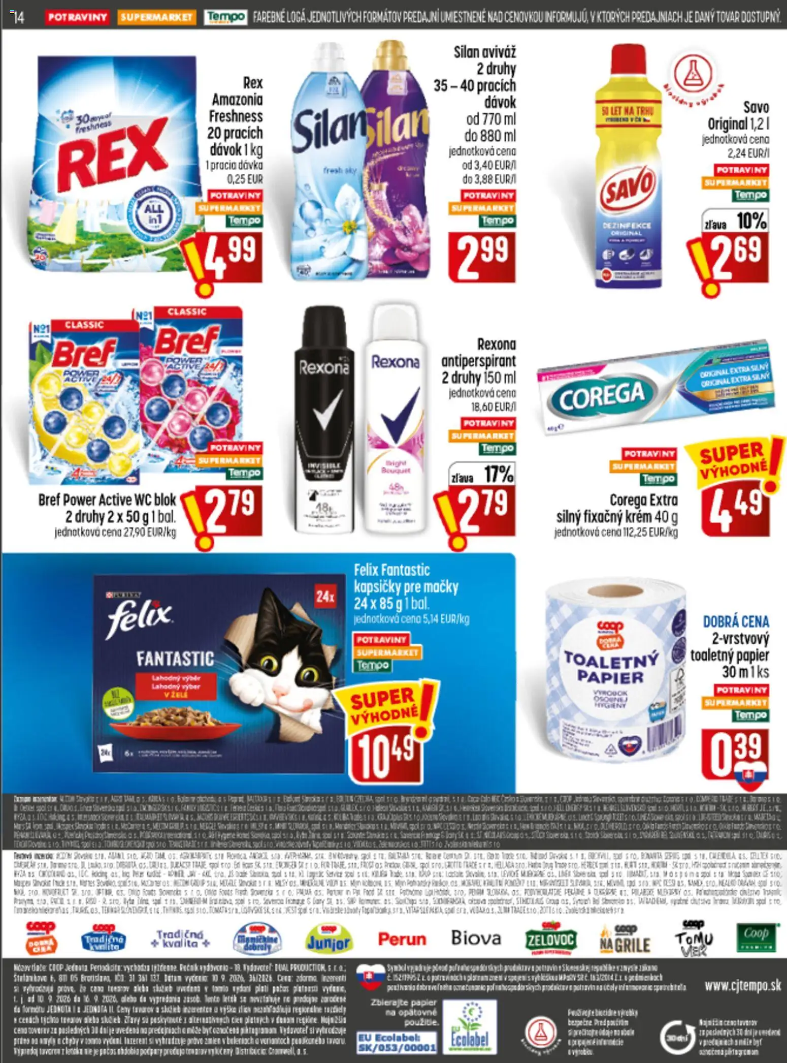Náhľad COOP Jednota letáku platného od 10.09.2026 - Wc, Toaletný papier, Savo, Antiperspirant, Kapsičky pre mačky, Silan, Aviváž, Wc blok