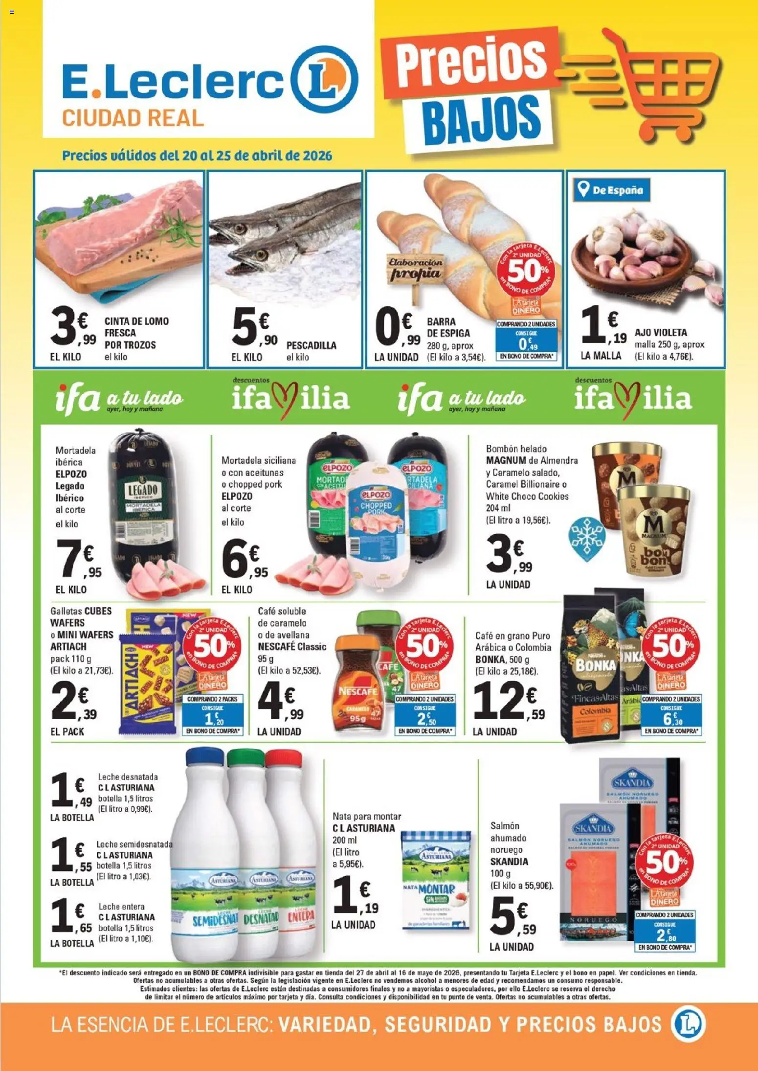 Vista previa del folleto de la tienda E.Leclerc válido desde el 20/04/2026 - Galletas, Alcohol, Ajo, Aceitunas, Nata, Mortadela, Nata para montar, Salmón