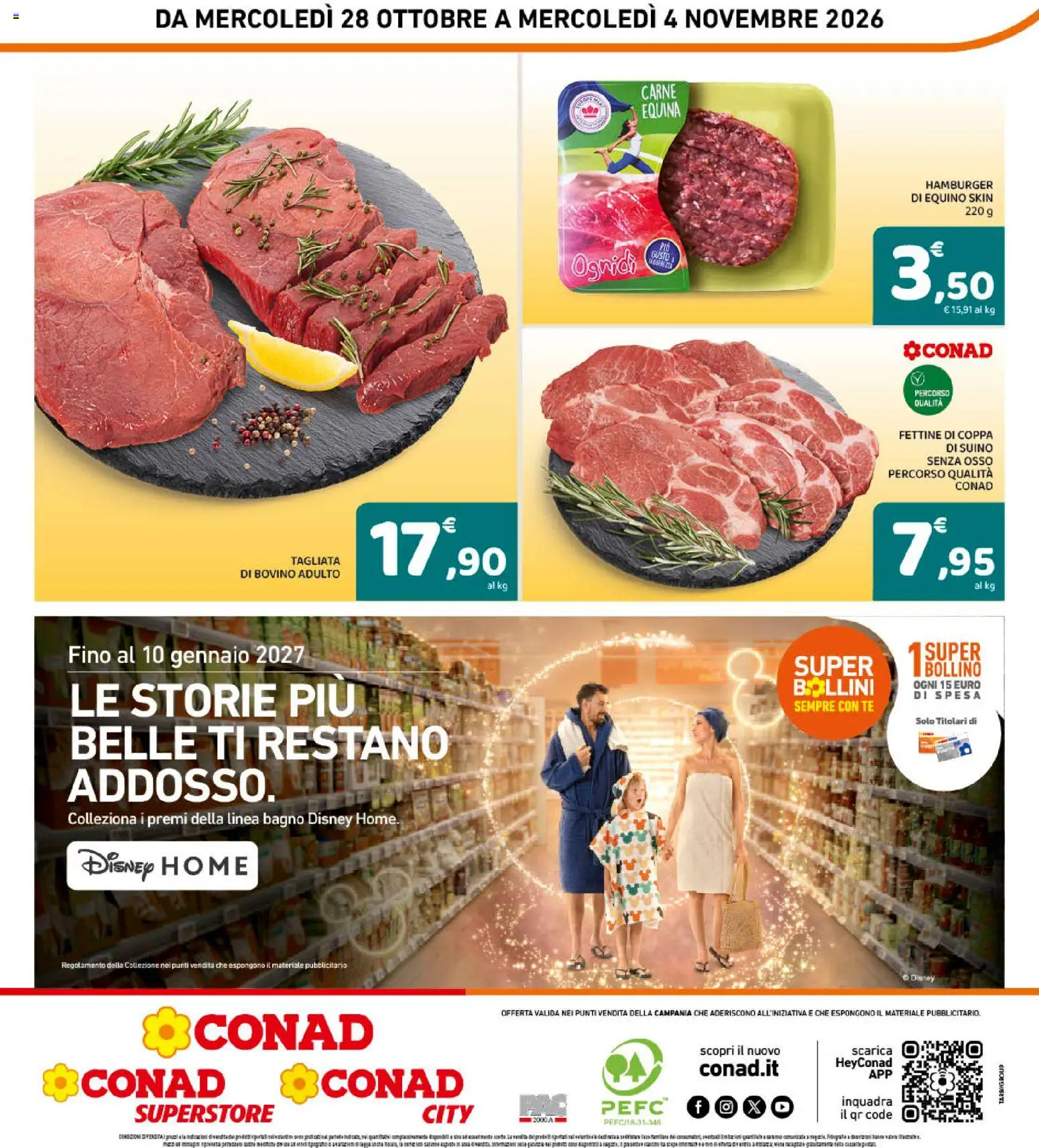 Anteprima dell'opuscolo Conad volantino Convenienza Più Campania dal negozio Conad valido da 28/10/2026 - Hamburger, Bagno, Carne, Bovino, Manzo, Suino, Tè