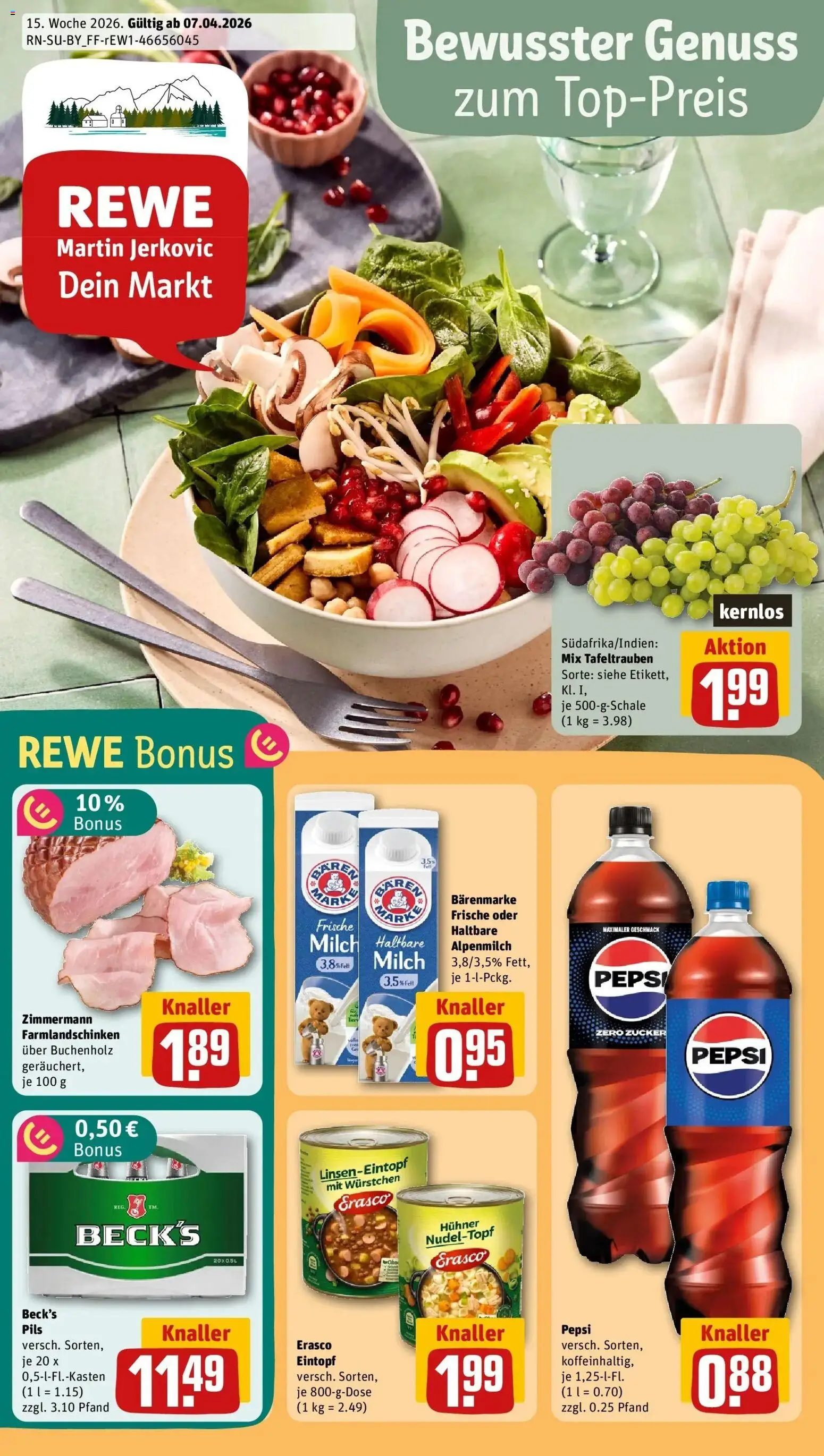 Vorschau von dem Prospekt des Geschäftes Rewe, gültig ab dem 05.04.2026 - Cola, Milch, Zucker, Pepsi, Pils, Erasco