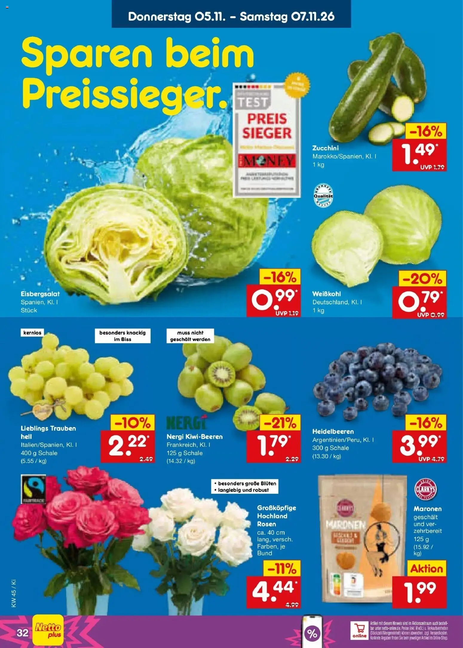 Vorschau von dem Prospekt des Geschäftes Netto Marken-Discount, gültig ab dem 02.11.2026 - Zucchini, Heidelbeeren, Trauben, Eisbergsalat