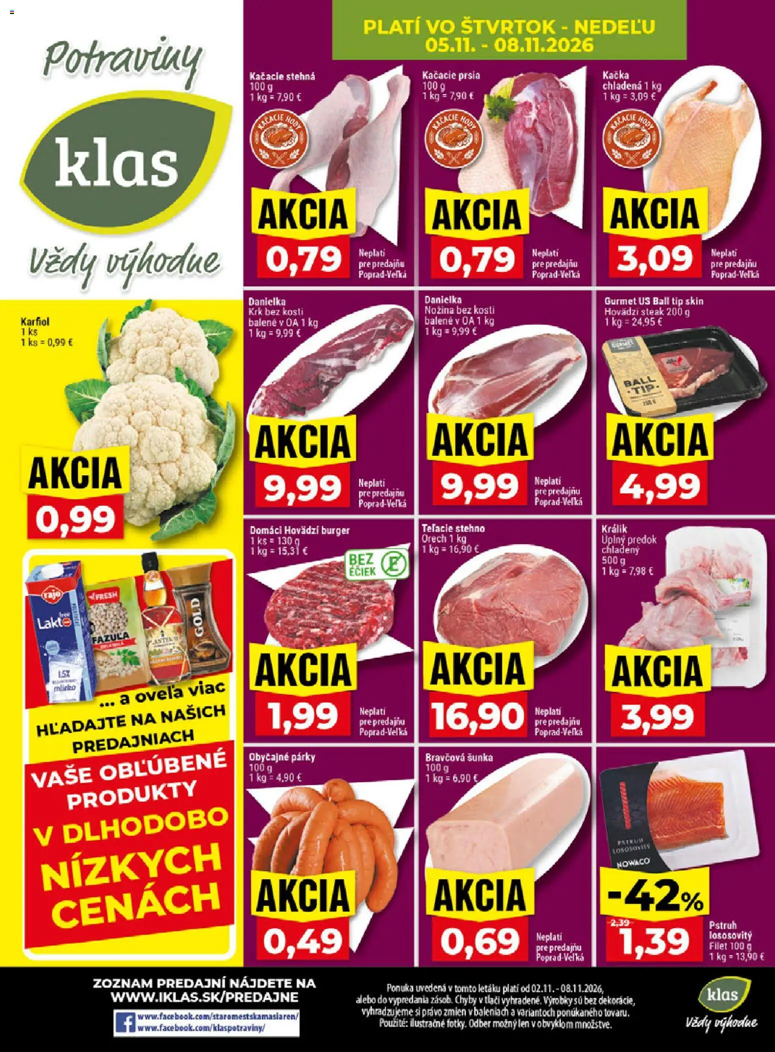 Náhľad Klas letáku platného od 02.11.2026 - Karfiol, Kačka, Pstruh, Králik, Kačacie stehná, Šunka, Párky, Stehná