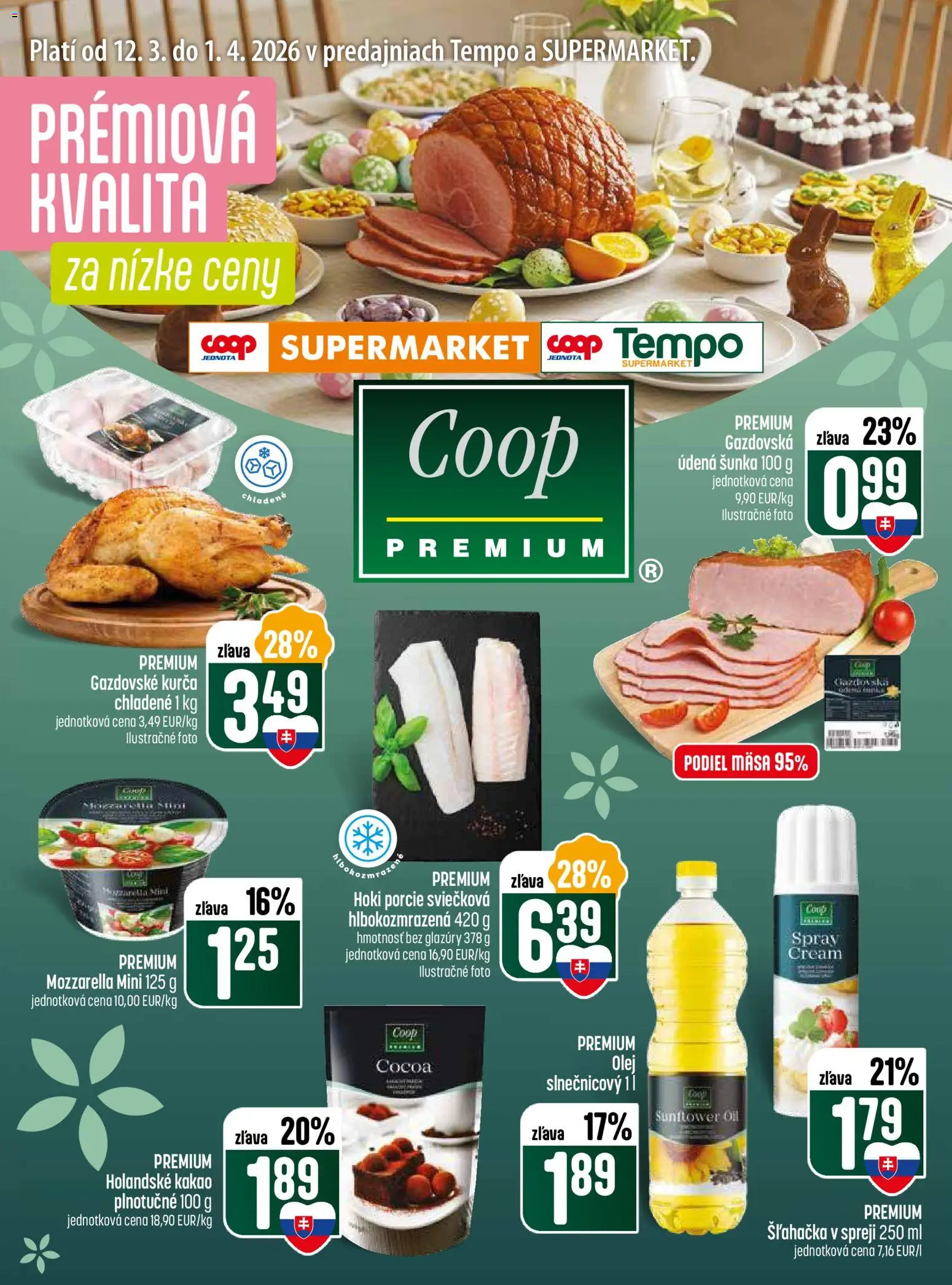 Náhľad COOP Jednota letáku platného od 12.03.2026 - Mozzarella, Kakao, Šunka, Šľahačka, Kurča, Holandské kakao, Šľahačka v spreji