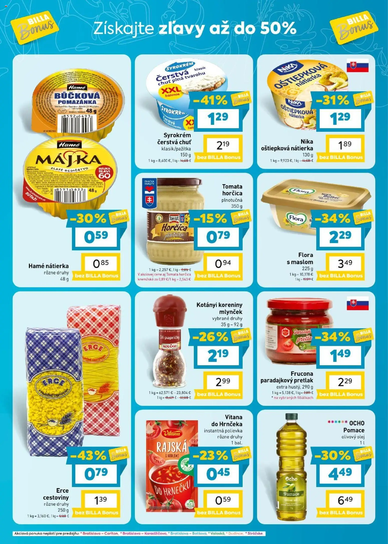 Náhľad Billa letáku platného od 16.09.2026 - Maslo, Cestoviny, Pretlak, Cream cheese, Flora, Olivový olej, Nátierka, Mlynček