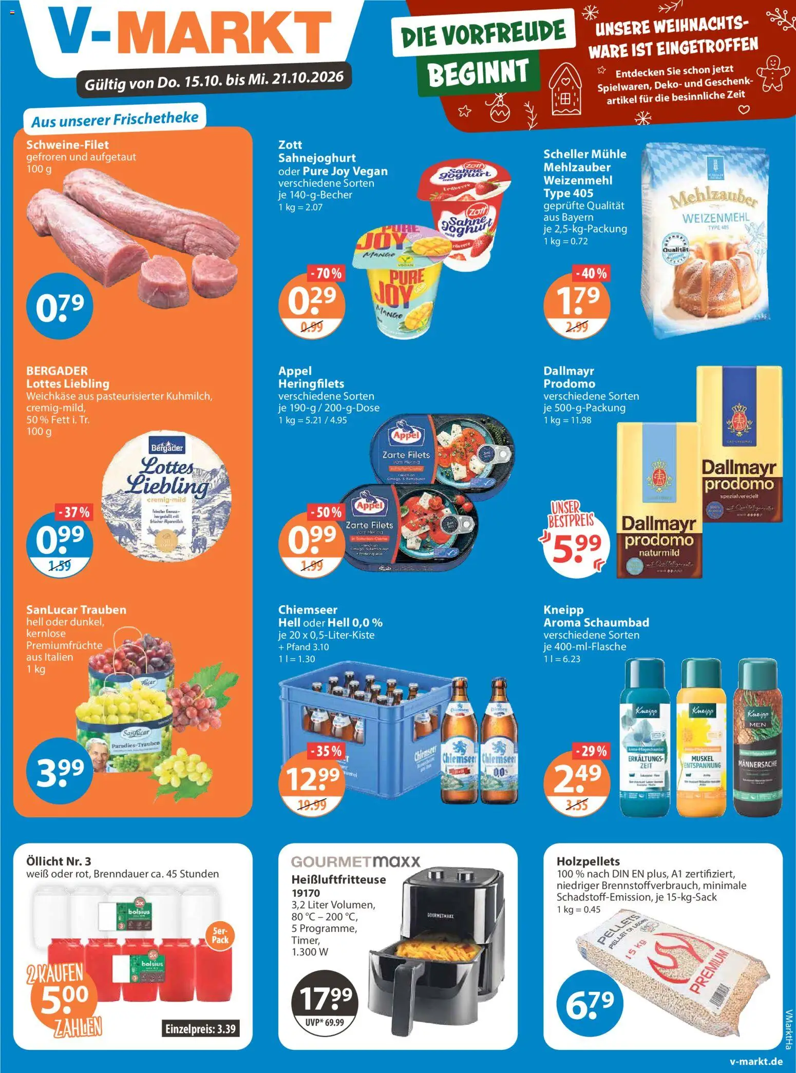 Vorschau von dem Prospekt des Geschäftes V-Markt, gültig ab dem 15.10.2026 - Heißluftfritteuse, Joghurt, Dallmayr, Schweinefilet, Mühle, Trauben, Dallmayr prodomo, Weizenmehl