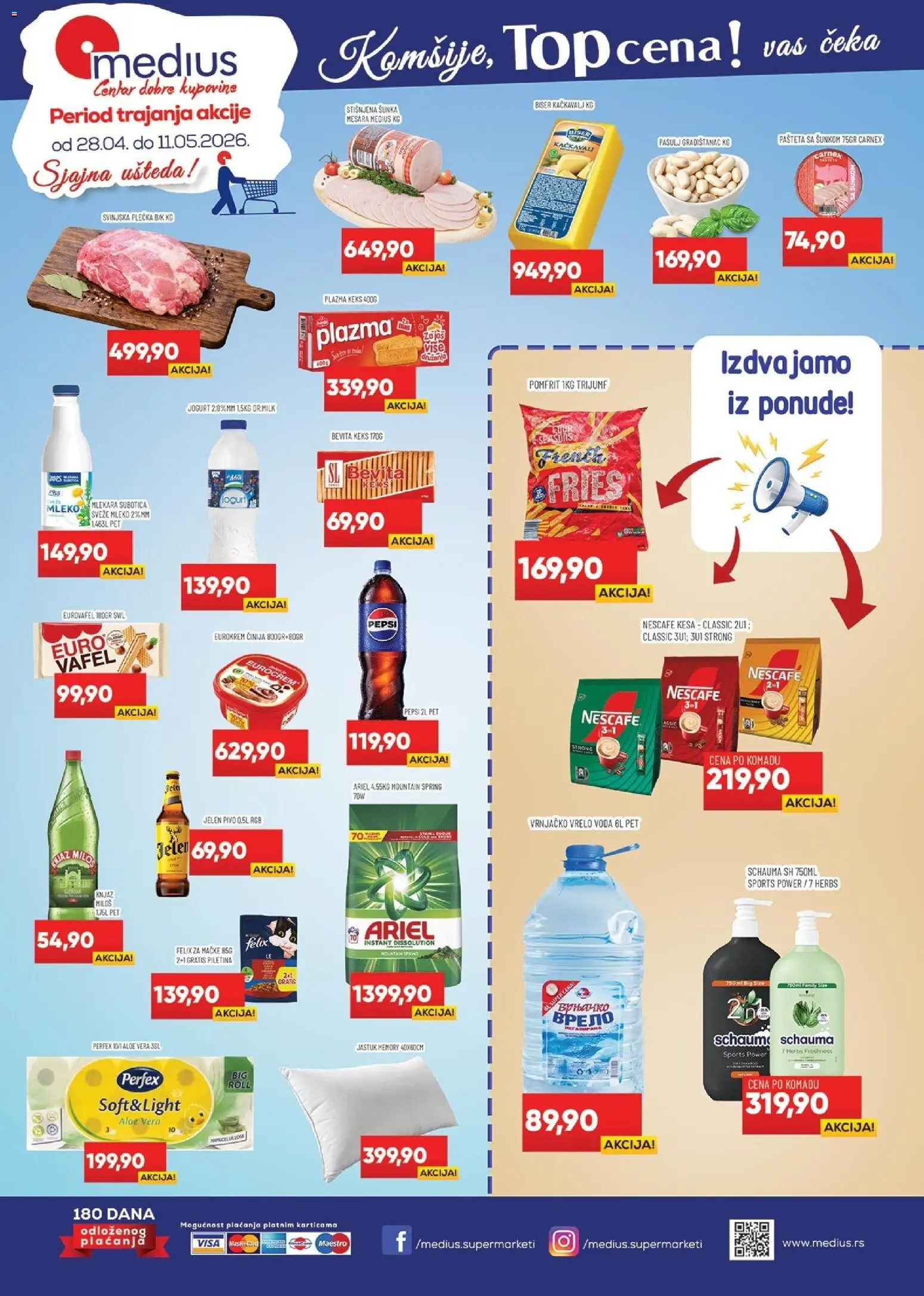 Pregled Medius kataloga - važi od 28.04.2026 - Nescafé, Voda, Kačkavalj, Piletina, Jastuk, Sveže mleko, Svinjska plećka, Plazma