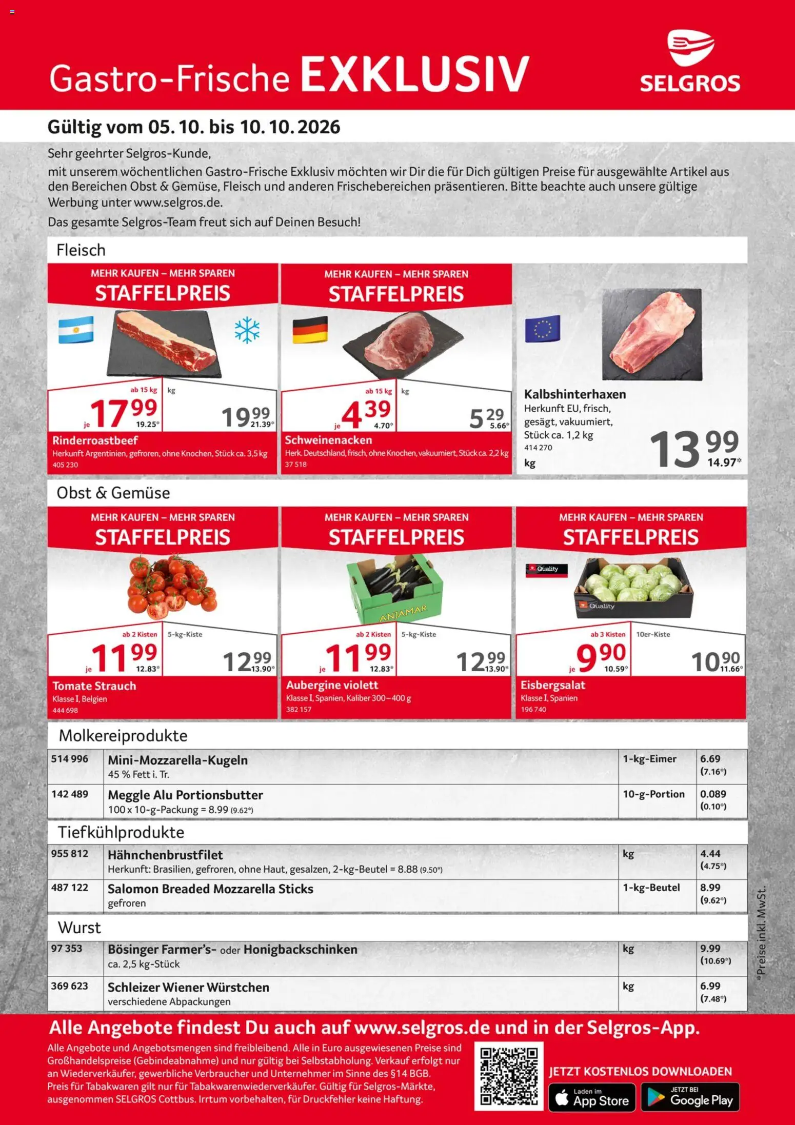 Vorschau von dem Prospekt des Geschäftes Selgros, gültig ab dem 05.10.2026 - Wurst, Gemüse, Aubergine, Mozzarella, Obst, Fleisch, Schweinenacken, Wiener wurstchen