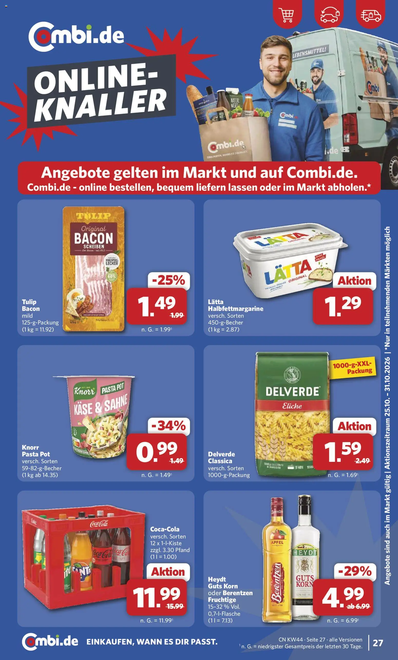 Vorschau von dem Prospekt des Geschäftes Combi, gültig ab dem 26.10.2026 - Käse, Pasta, Coca cola, Äpfel, Berentzen, Sahne, Knorr, Lätta