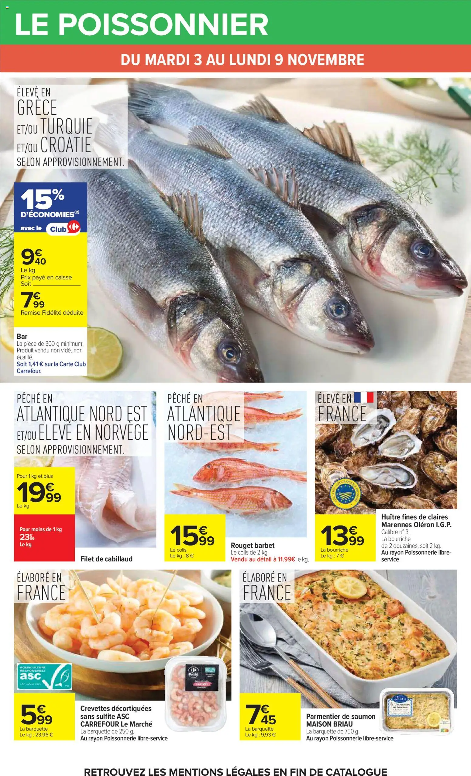 Prévisualisation de Carrefour Petit déjeuner du magasin Carrefour formulaire valide 03/11/2026 - Poissonnerie, Huîtres, Pêche, Saumon, Crevettes, Crevettes décortiquées, Huîtres fines
