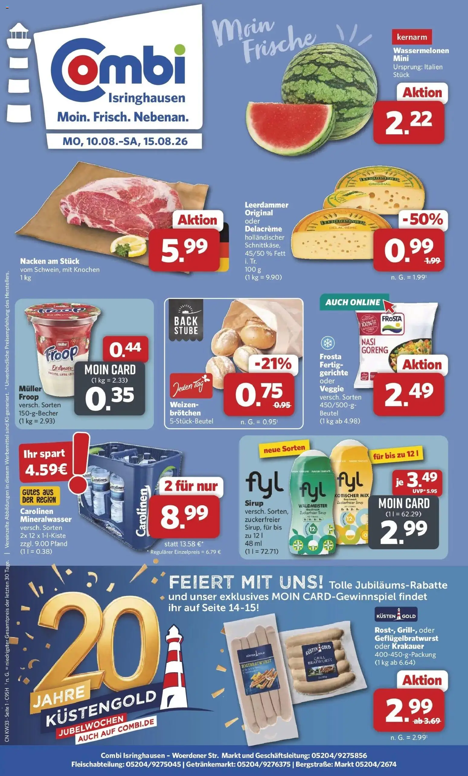 Vorschau von dem Prospekt des Geschäftes Combi, gültig ab dem 10.08.2026 - Gerichte, Grill, Bratwurst, Mineralwasser, Frosta, Sirup, Leerdammer, Froop