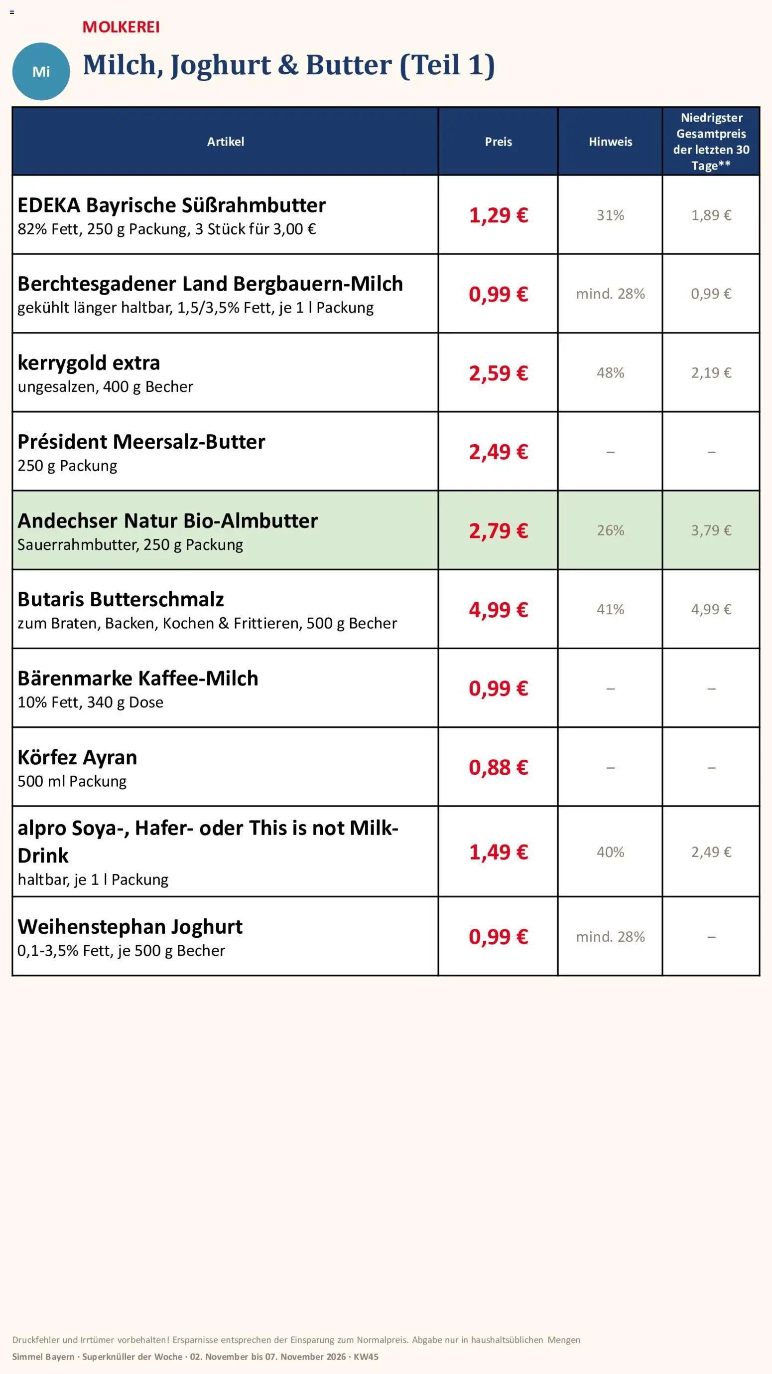 Vorschau von dem Prospekt des Geschäftes Simmel, gültig ab dem 02.11.2026 - Butter, Joghurt, Butterschmalz, Alpro