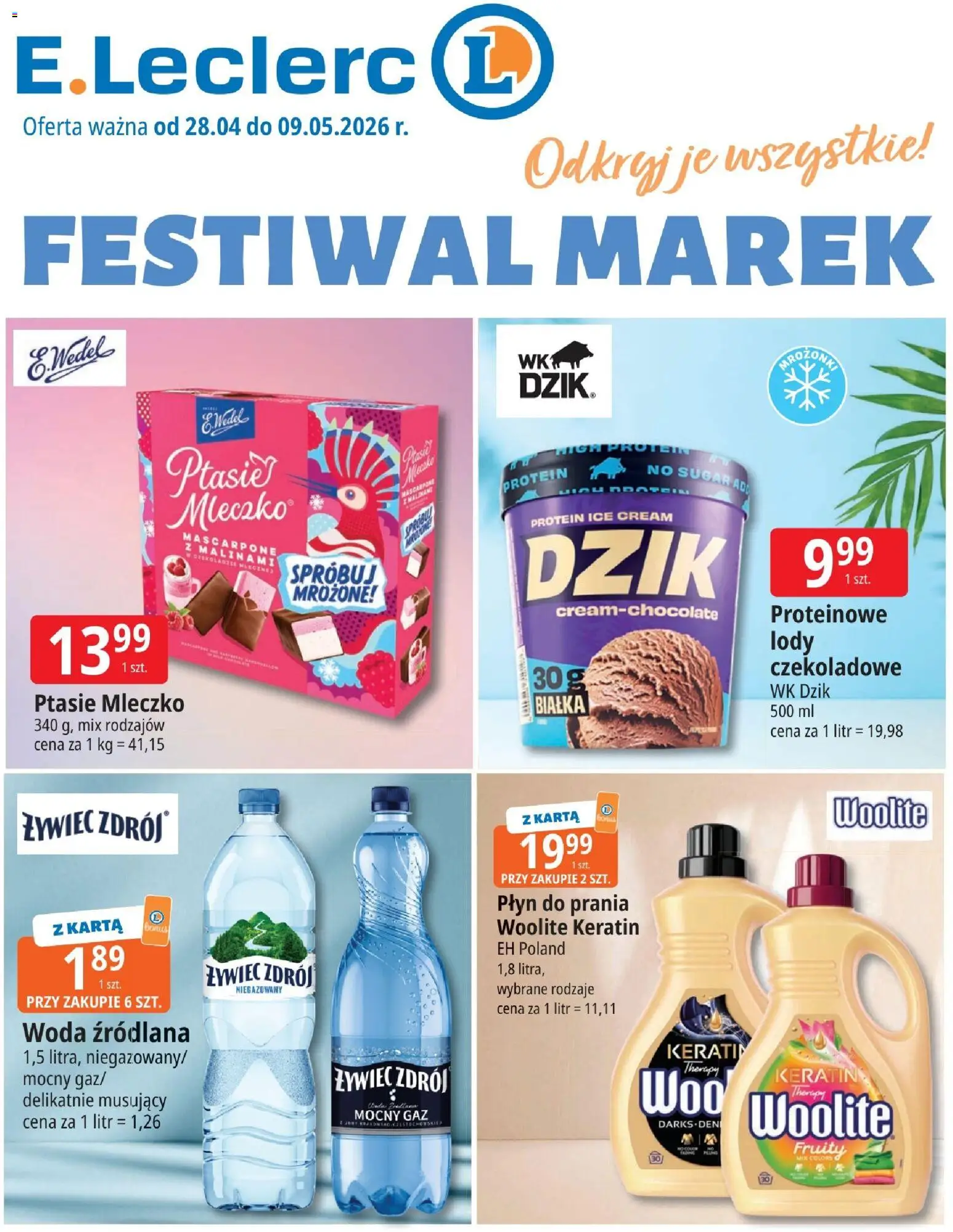 Pogląd gazetki "E.Leclerc gazetka - Zielona Góra" ze sklepu E.Leclerc ważnej od 28.04.2026 - Lody, Woda, Mascarpone, Ptasie mleczko, Karta, Woda źródlana