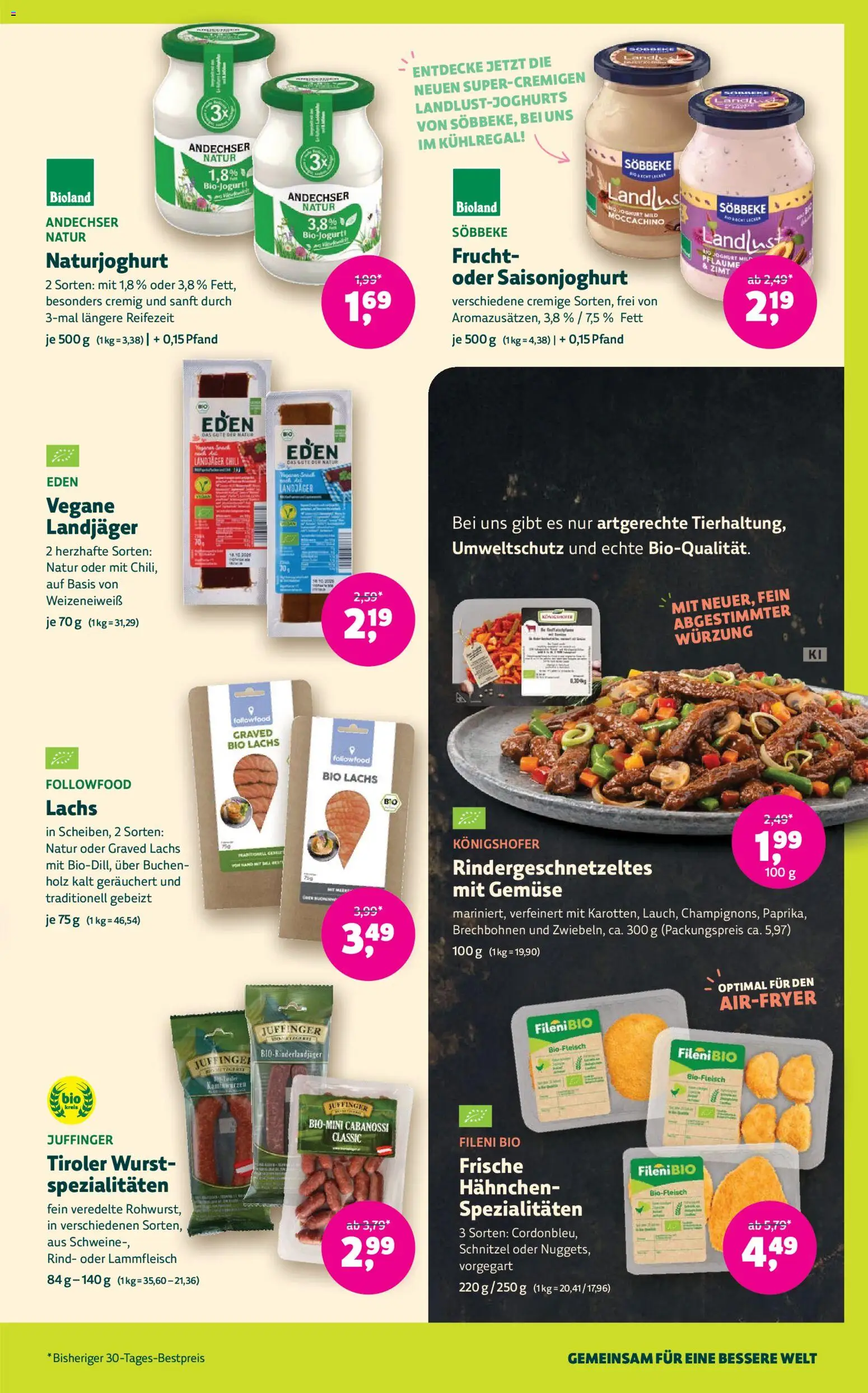Vorschau von dem Prospekt des Geschäftes Denns BioMarkt, gültig ab dem 04.11.2026 - Schnitzel, Wurst, Joghurt, Gemüse, Met, Chili, Spezialitäten, Hahnchen