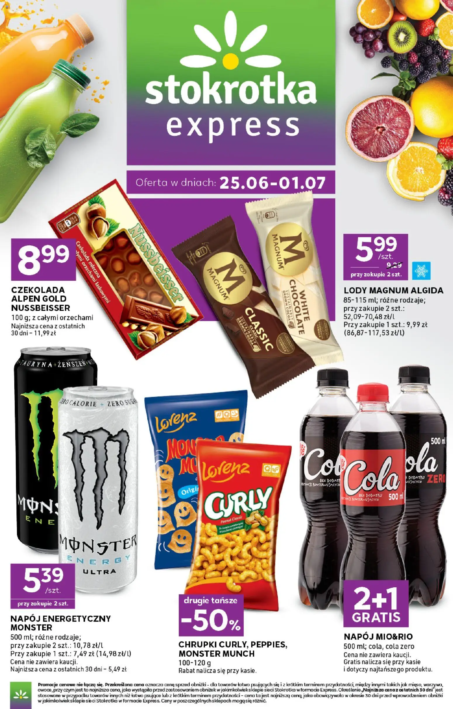 Pogląd gazetki "Stokrotka gazetka - Express" ze sklepu Stokrotka ważnej od 25.06.2026 - Stokrotka, Lody, Czekolada, Magnum, Chrupki, Lody Magnum, Czekolada mleczna, Napój energetyczny
