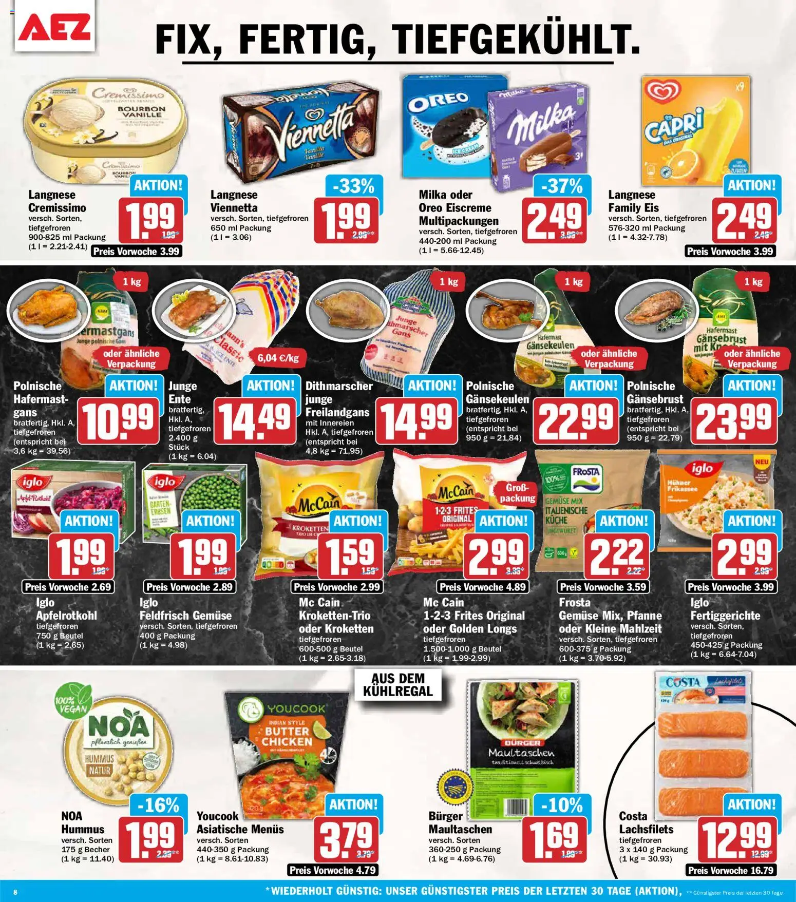 Vorschau von dem Prospekt des Geschäftes AEZ, gültig ab dem 02.11.2026 - Eis, Burger, Butter, Hummus, Erbsen, Vanille, Bourbon, Fertiggerichte
