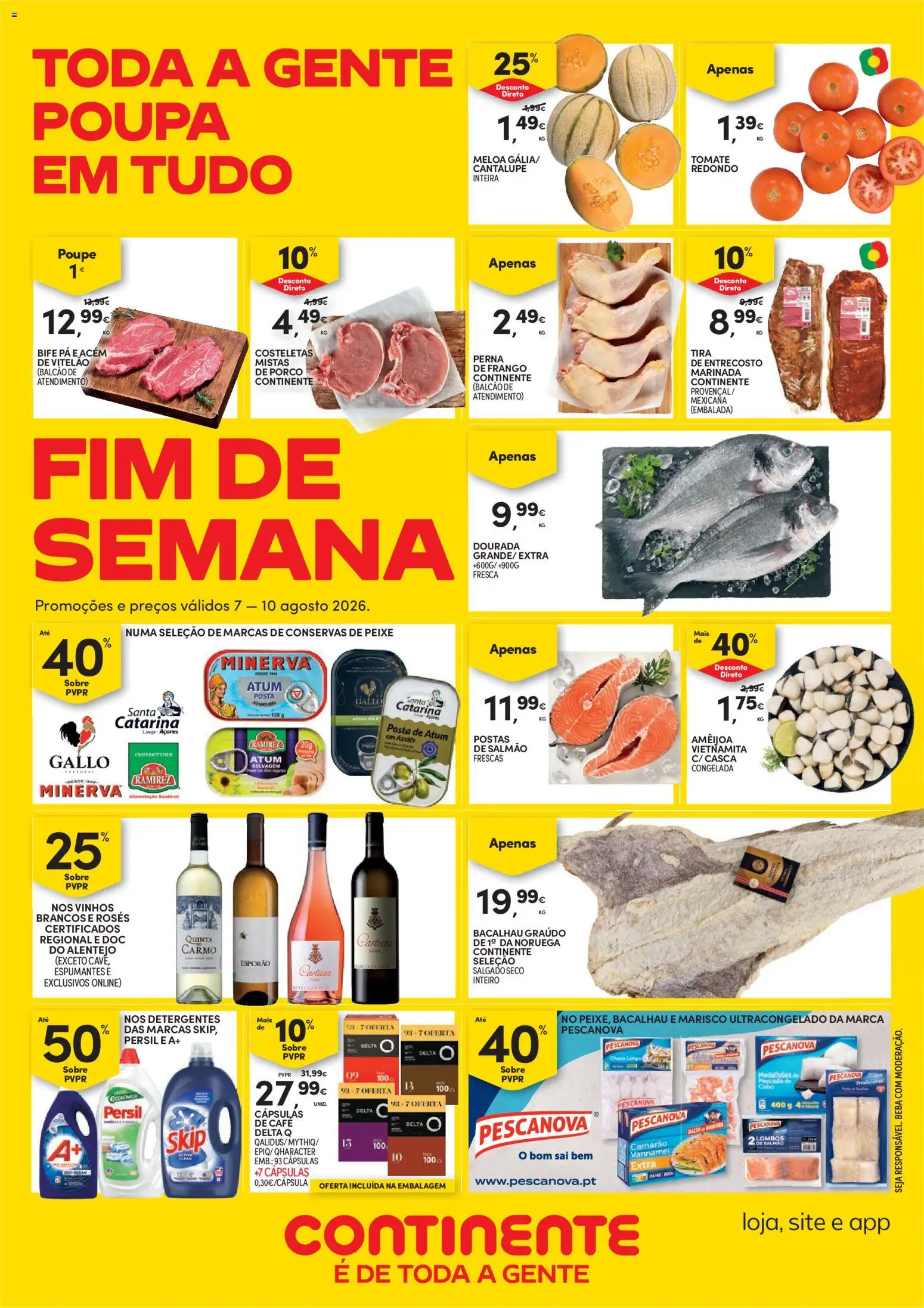 Pré-visualização do folheto da loja Continente válida a partir de 07/08/2026 - Bacalhau, Delta q, Peixe, Camarão, Atum, Tomate, Bife, Cabo