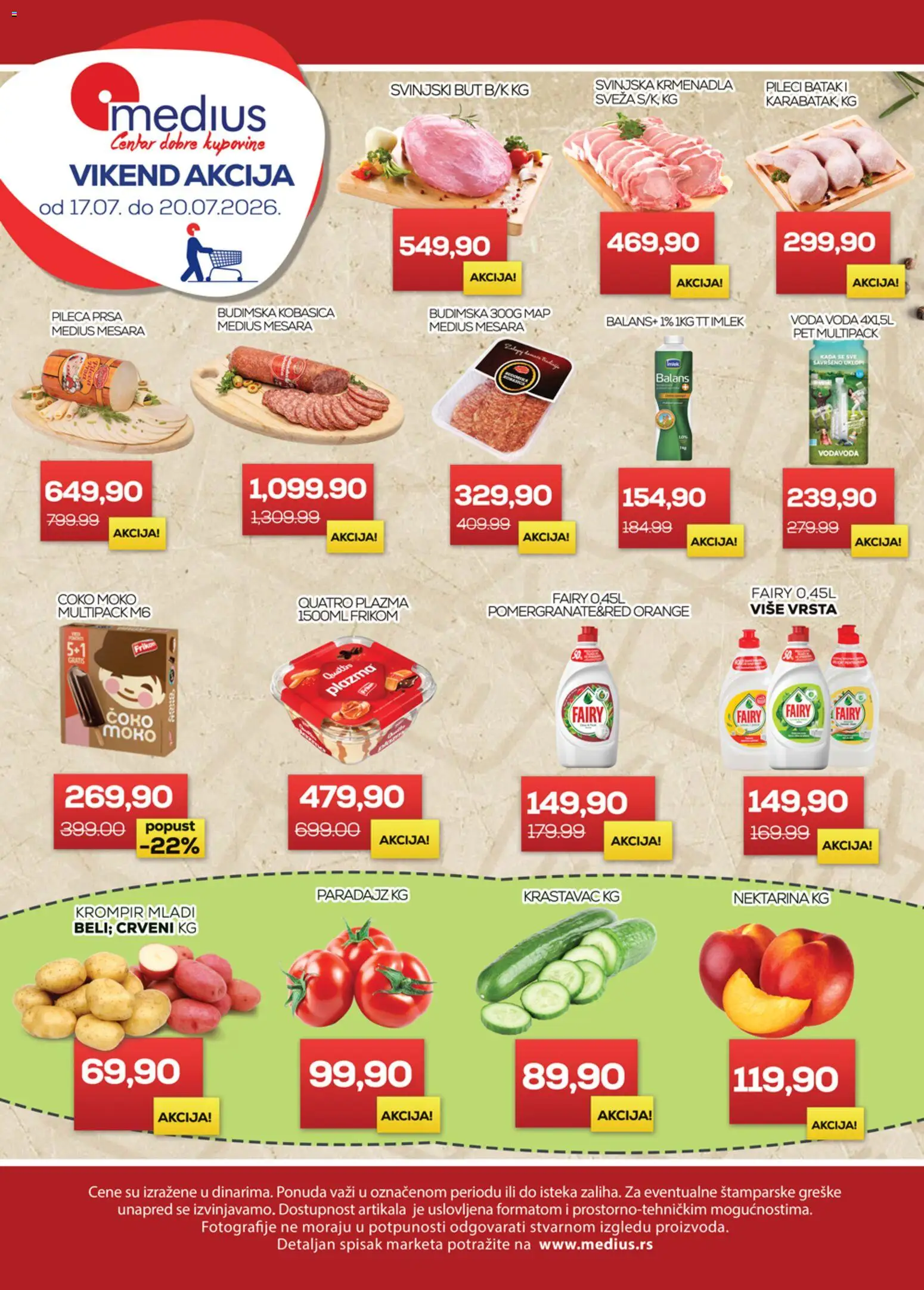 Pregled Medius kataloga - važi od 17.07.2026 - Krompir, Voda, Svinjski but, Kobasica, Krmenadla, Budimska kobasica, Pileća prsa, Svinjska krmenadla