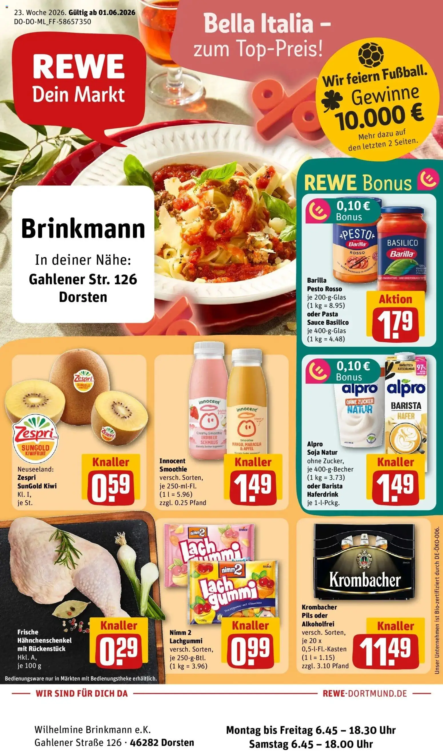 Vorschau von dem Prospekt des Geschäftes Rewe, gültig ab dem 01.06.2026 - Uhr, Krombacher, Zucker, Hahnchenschenkel, Barilla pesto, Alpro, Pils, Haferdrink