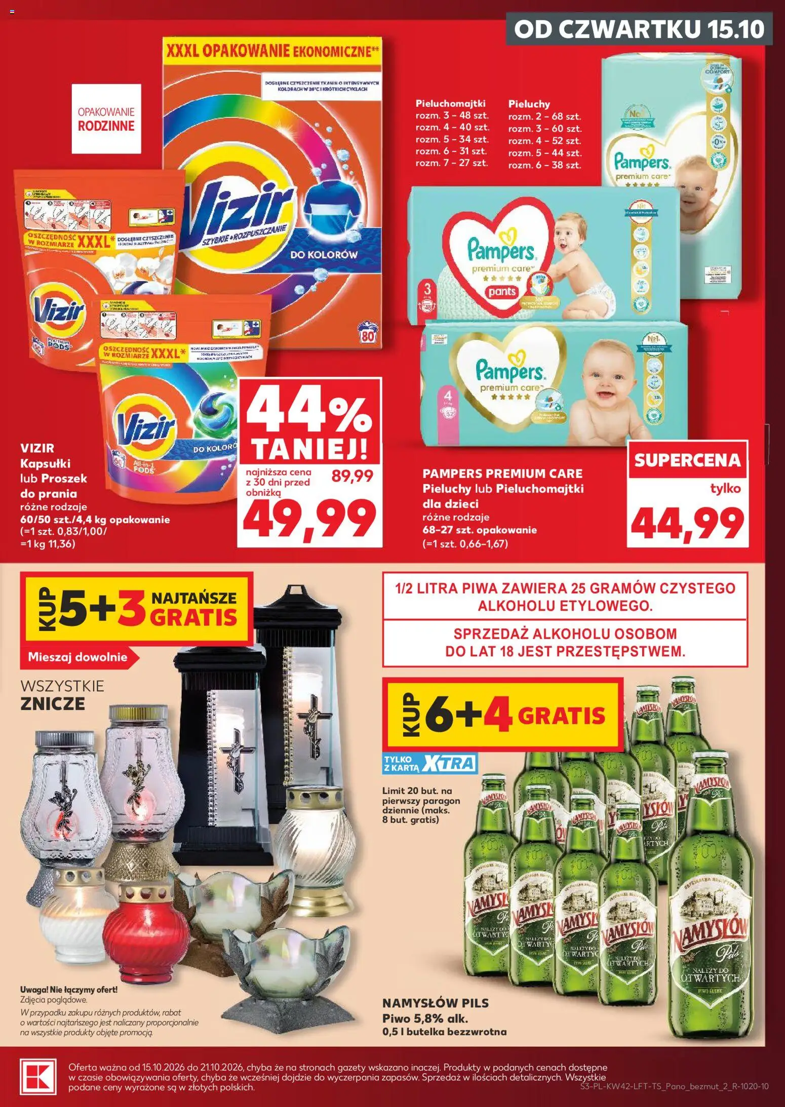Pogląd gazetki "Kaufland gazetka" ze sklepu Kaufland ważnej od 15.10.2026 - Znicze, Proszek do prania, Karta, Pampers, Pieluchomajtki, Pieluchy, Kapsułki, Proszek do prania Vizir