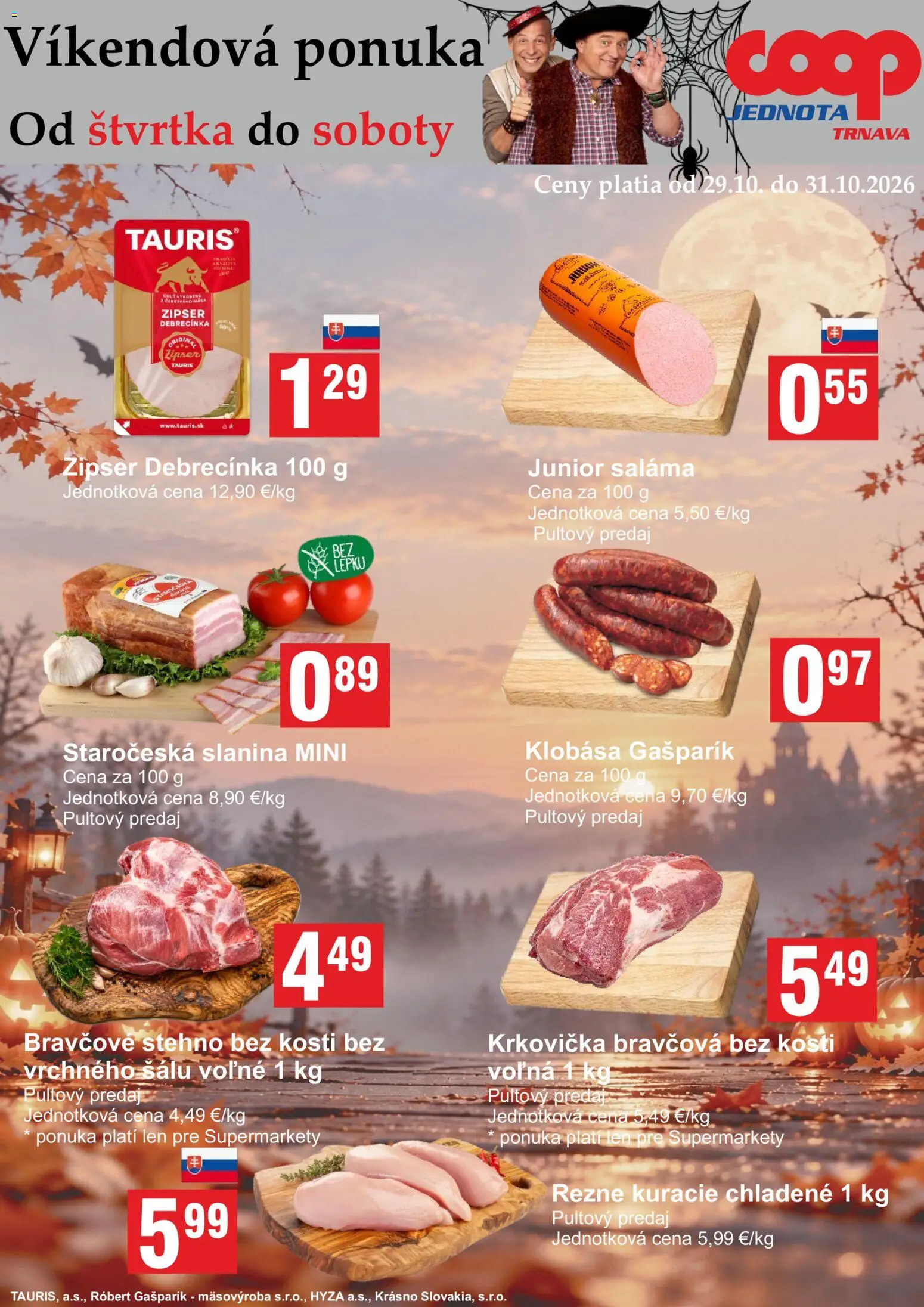 Náhľad COOP Jednota letáku platného od 29.10.2026 - Krkovička, Klobása, Slanina, Bravčové stehno, Rezne, Saláma