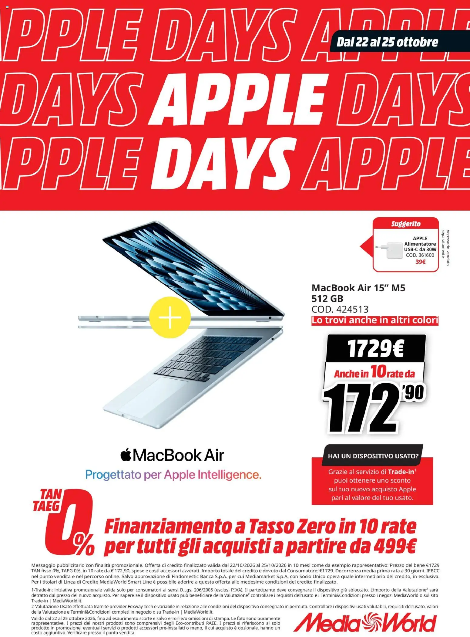 Anteprima dell'opuscolo Media World volantino Apple Days dal negozio Media World valido da 22/10/2026 - Macbook air, Macbook