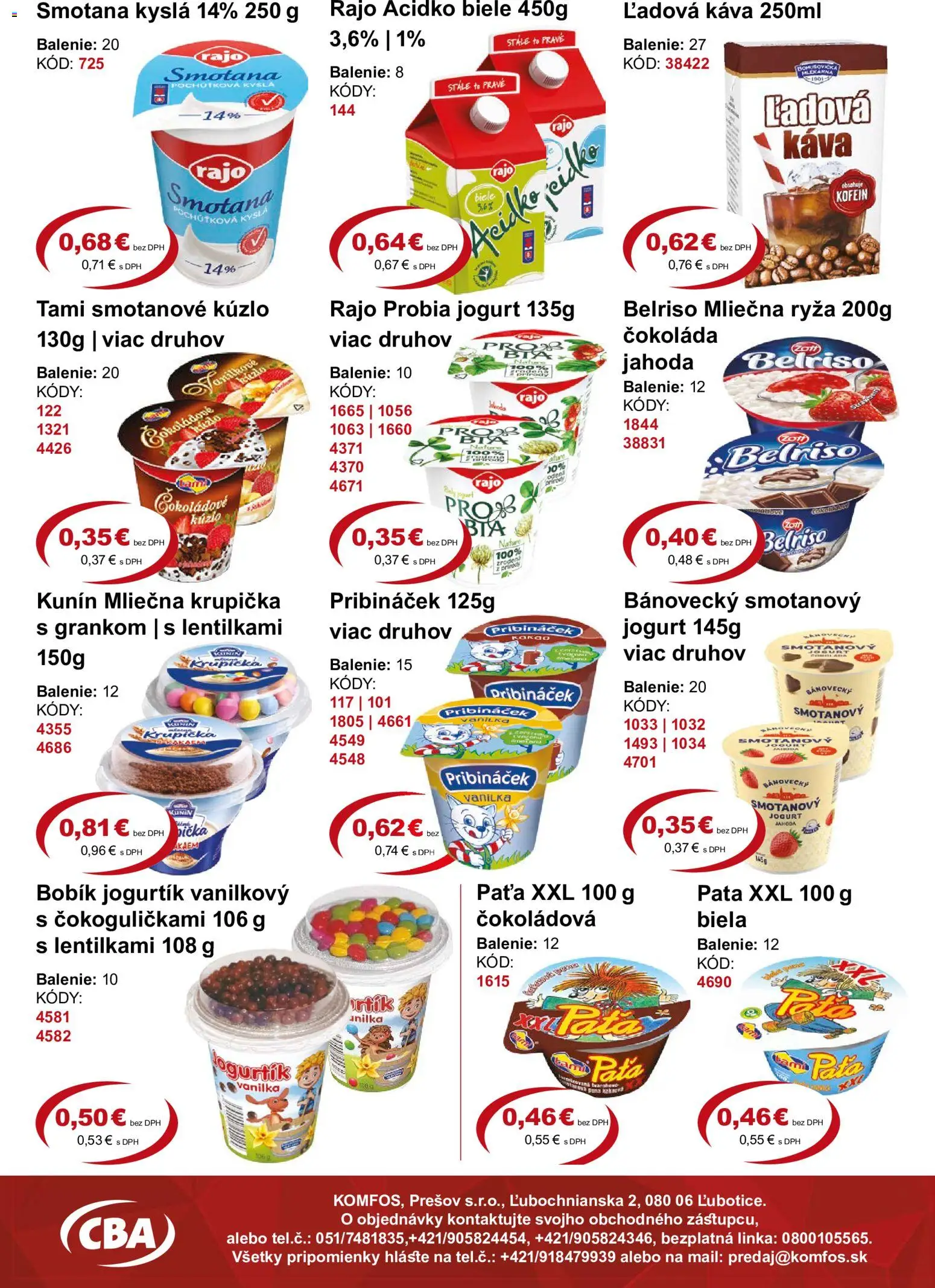 Náhľad CBA Komfos letáku platného od 18.09.2026 - Káva, Čokoláda, Ryža, Jogurt, Vanilka, Acidko, Smotana, Mliečna ryža