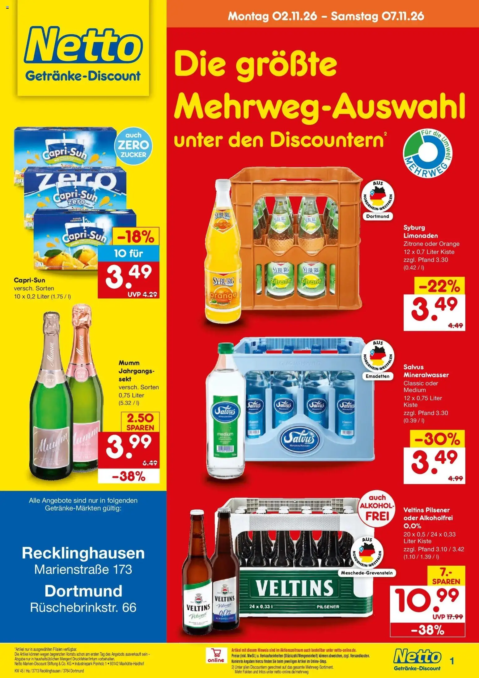 Vorschau von dem Prospekt des Geschäftes Netto Marken-Discount, gültig ab dem 02.11.2026 - Mineralwasser, Alkohol, Zucker, Zitrone, Veltins, Sekt