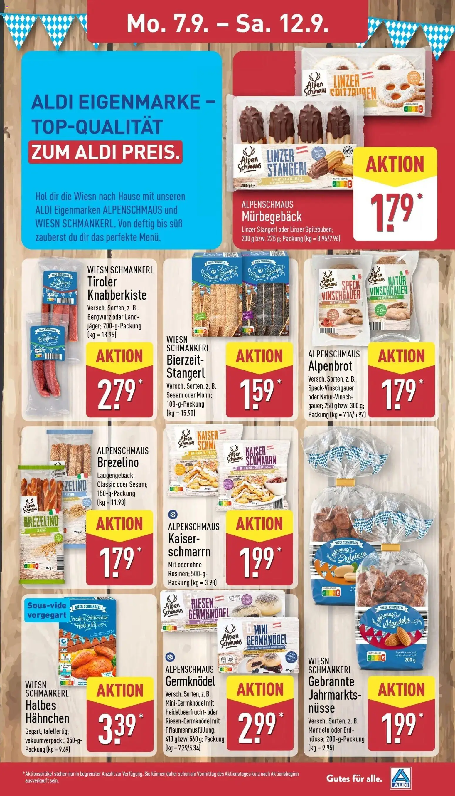 Vorschau von dem Prospekt des Geschäftes Aldi, gültig ab dem 07.09.2026 - Mandeln, Erdnüsse, Nüsse, Rosinen, Hahnchen