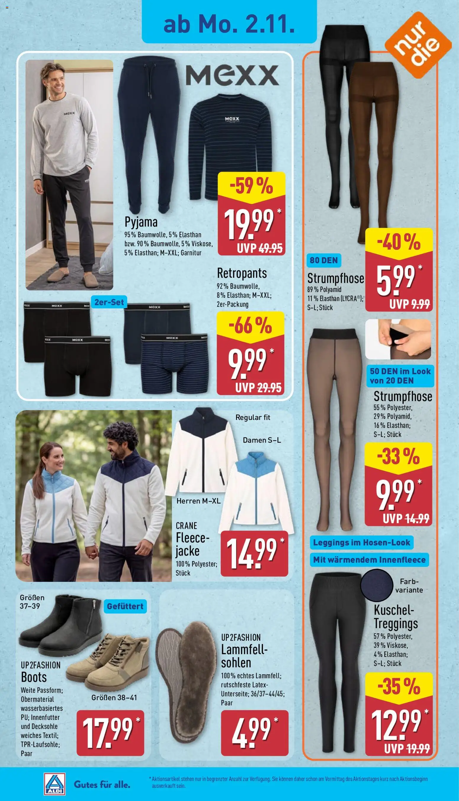 Vorschau von dem Prospekt des Geschäftes Aldi, gültig ab dem 02.11.2026 - Pyjama, Jacke, Leggings, Strumpfhose, Up2fashion