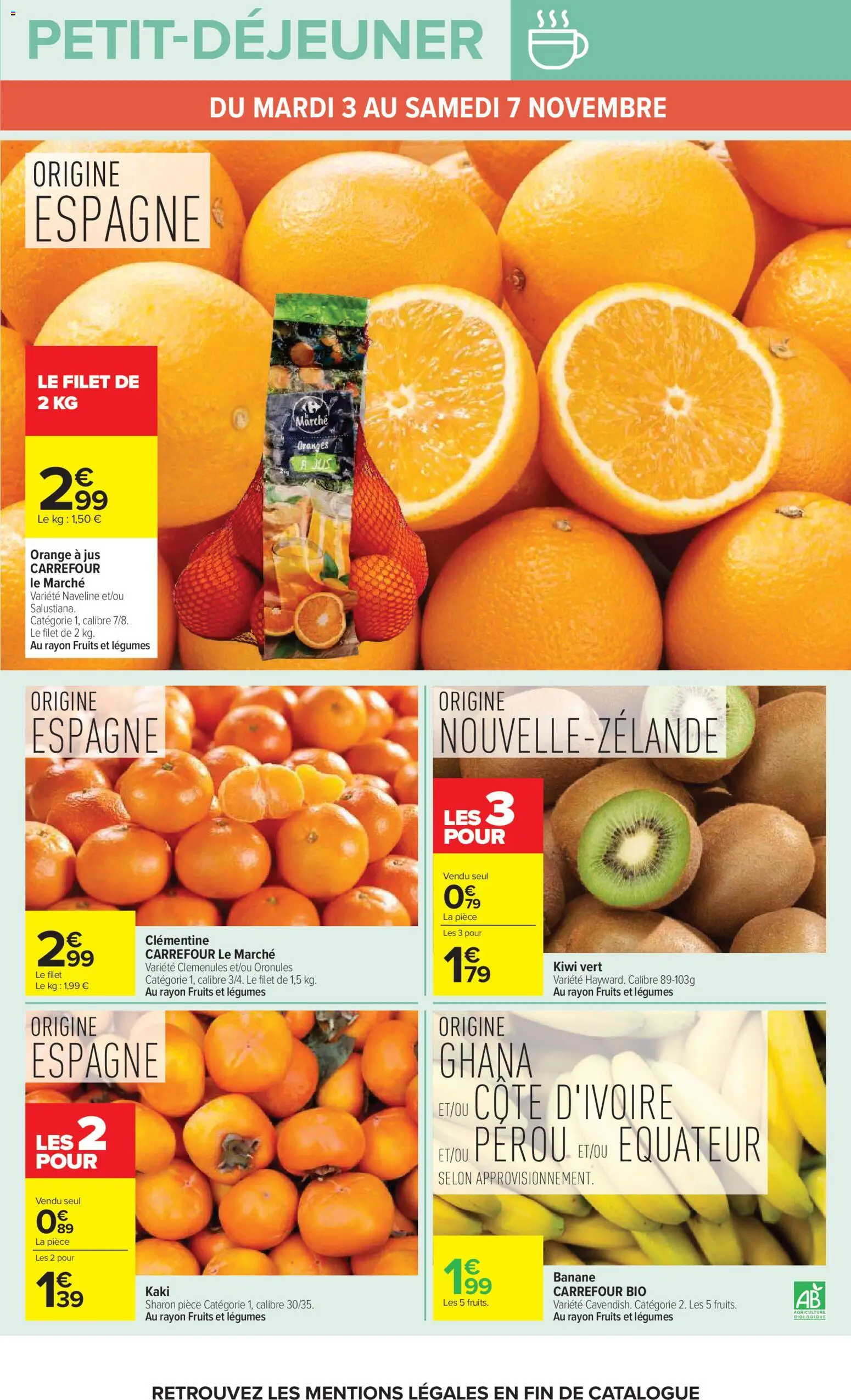 Prévisualisation de Carrefour Petit déjeuner du magasin Carrefour formulaire valide 03/11/2026 - Orange, Fruits, Kaki, Banane, Clémentine, Clementines, Jus, Orange a Jus